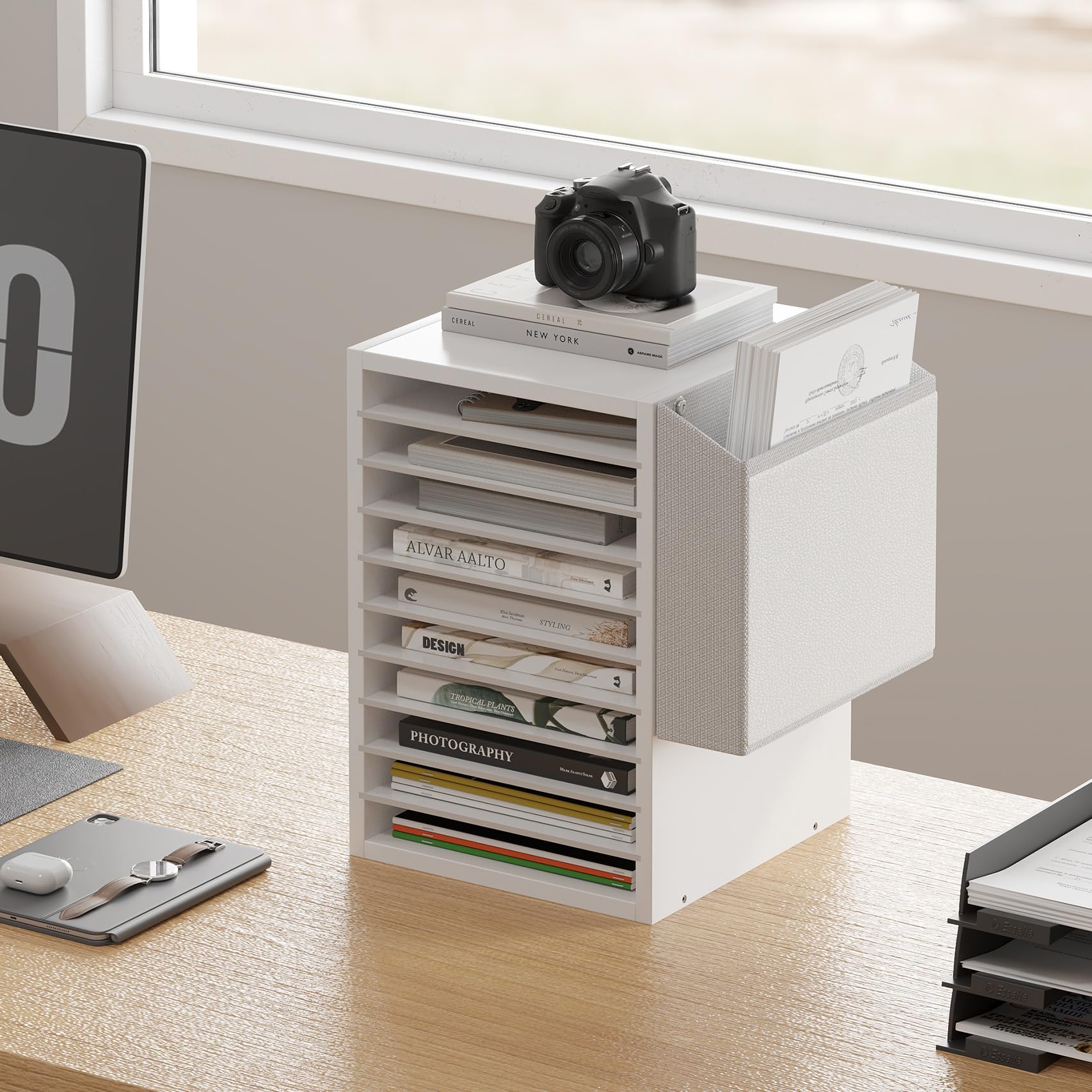 Wooden 10-Tier Adjustable Mail Sorter with Storage Bag - Office Paper Organizer, Classroom Mailbox for Teachers - Perfect for Desk Organization in Office, Study, or Home Workspace