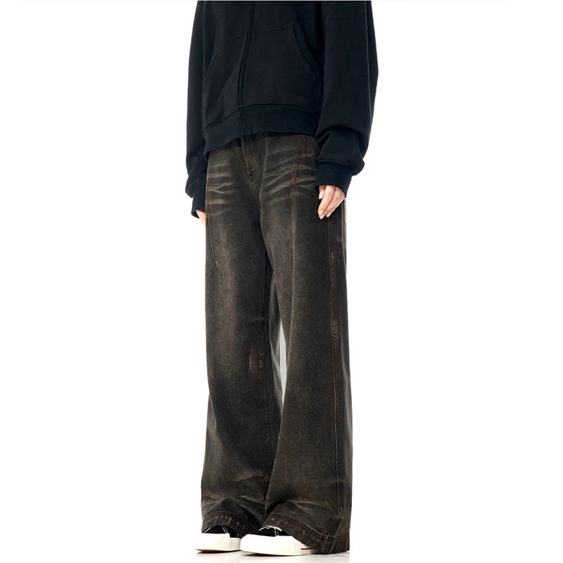 American Style Men's Denim Pants - Solid Color Straight Leg Trousers with Zipper Pockets | Wide Leg Comfort Fit for Winter 2024 | Casual Wear, Office Outfits & Street Style Fashion