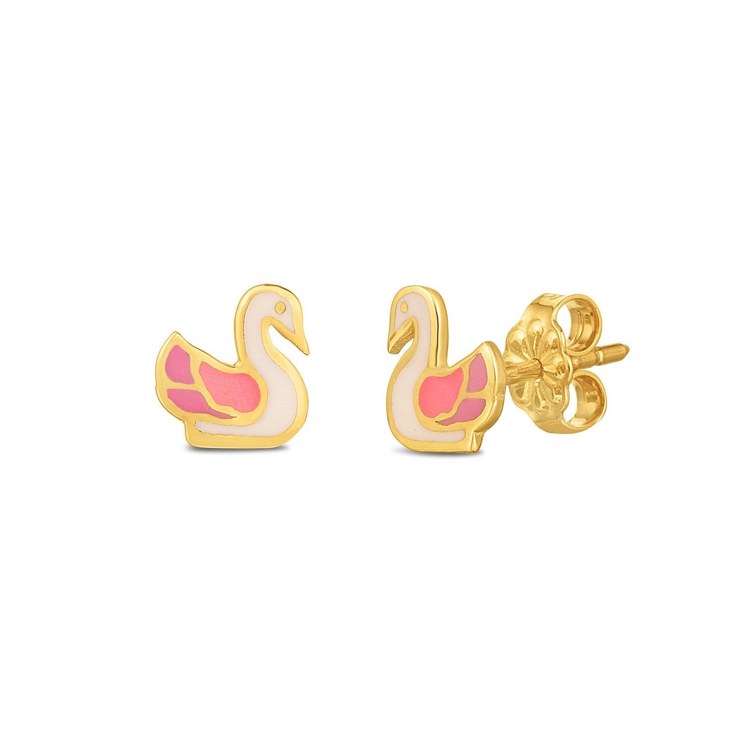 14K Yellow Gold Swan Stud Earrings - Elegant & Hypoallergenic Jewelry for Women - Perfect for Weddings, Parties & Everyday Wear