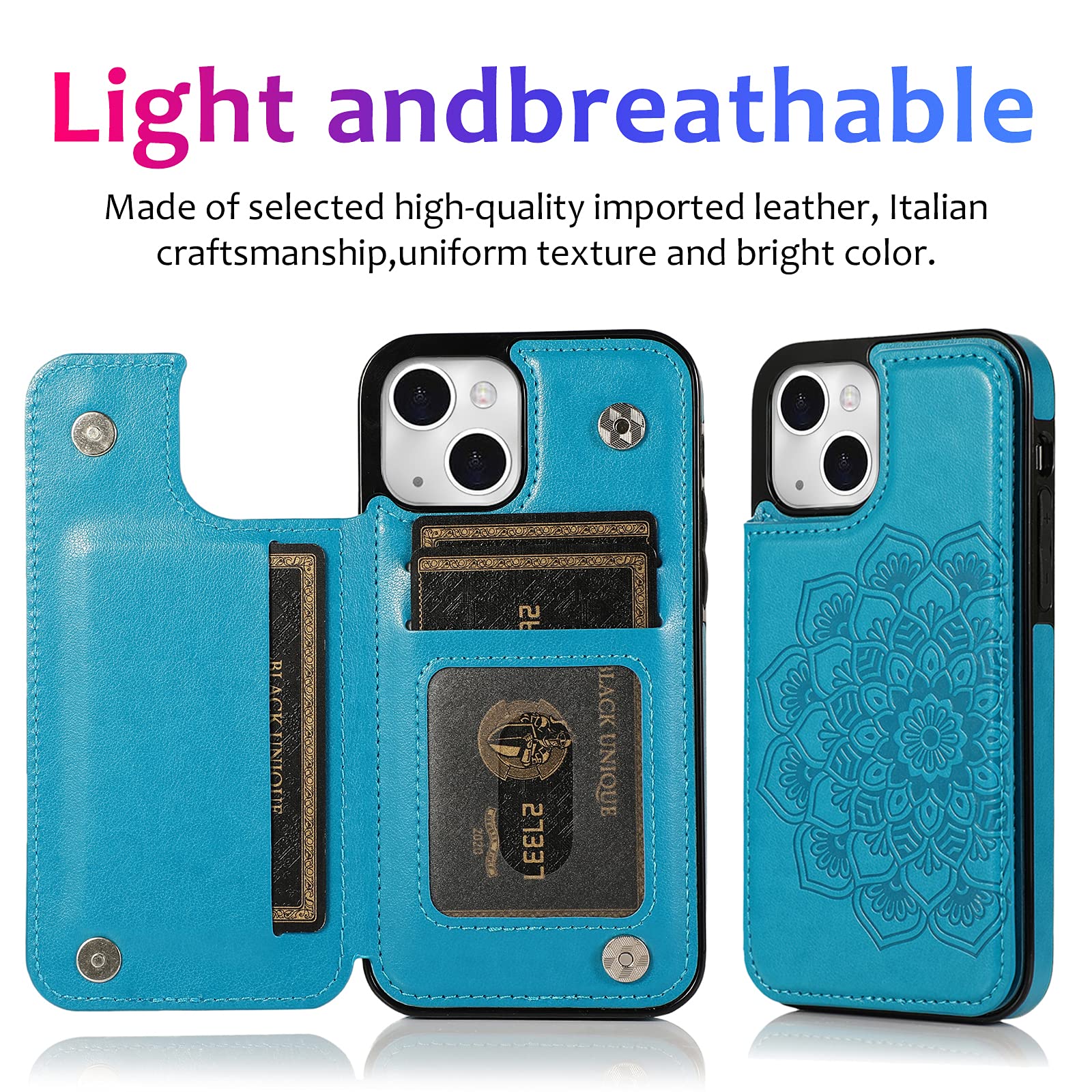 Premium PU Leather Wallet Case for iPhone 13 with Card Holder & Kickstand - Floral Embossed Design, Shockproof Protective Cover (Blue) - Perfect for Everyday Use, Travel & Hands-Free Viewing