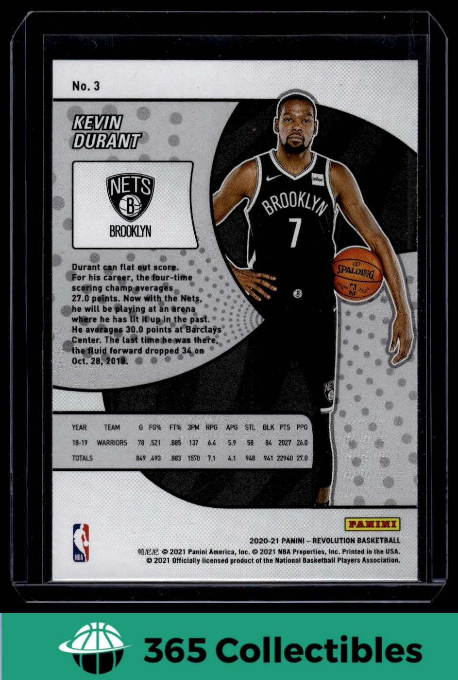 2020-21 Panini Revolution NBA Kevin Durant #3 Brooklyn Nets Basketball Trading Card - Perfect for Collectors, Fans, and Sports Memorabilia Enthusiasts