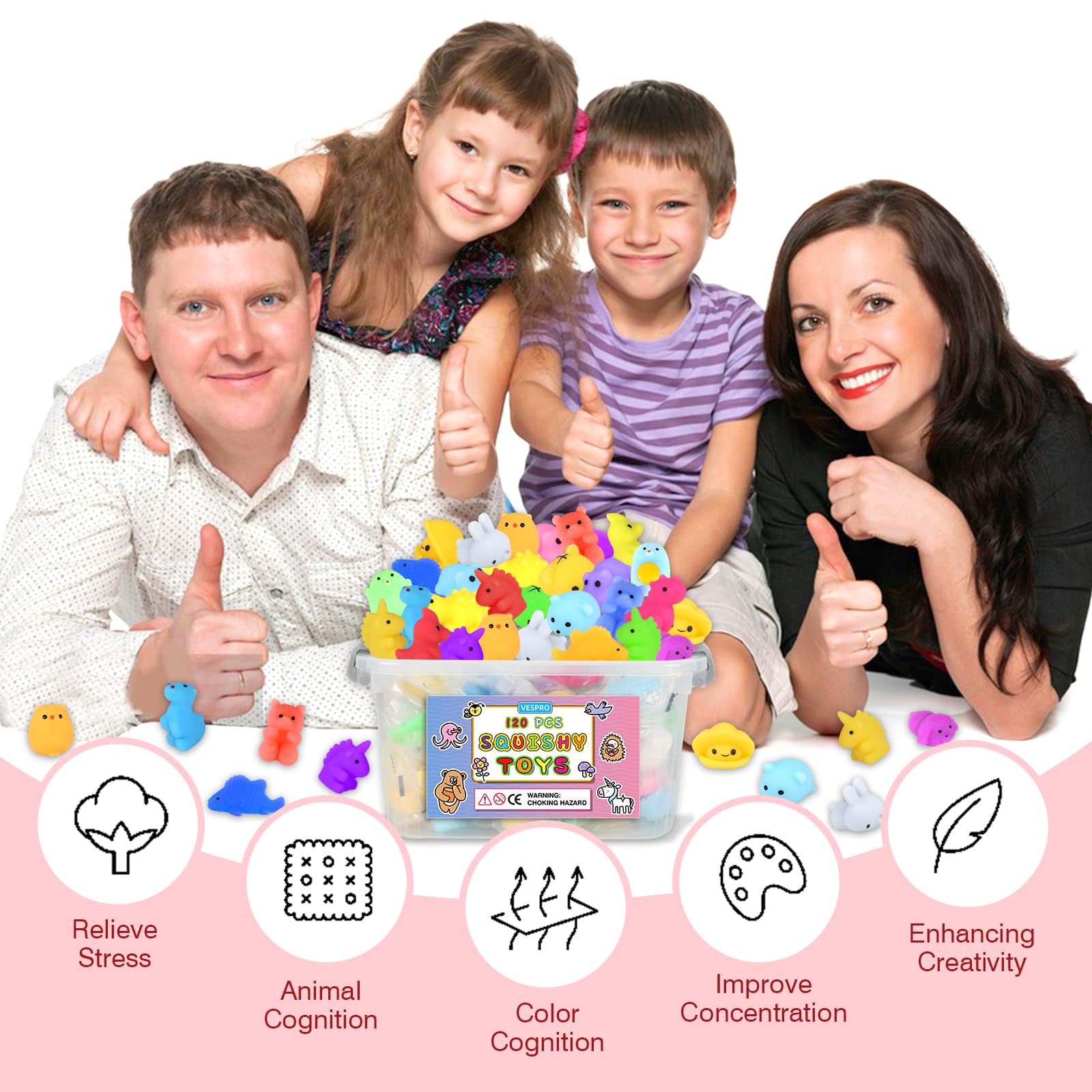 VESPRO 120PCS Mochi Squishy Toys for Kids & Adults - Stress Relief & Party Favors for All Ages