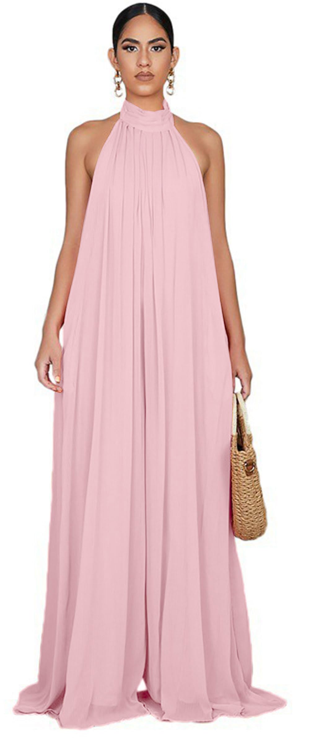 CHARTOU Women's Elegant Loose Fit Chiffon Halter Neck Backless Wide Leg Jumpsuit - Summer Beach Wedding Party Outfit for Vacation & Date Night