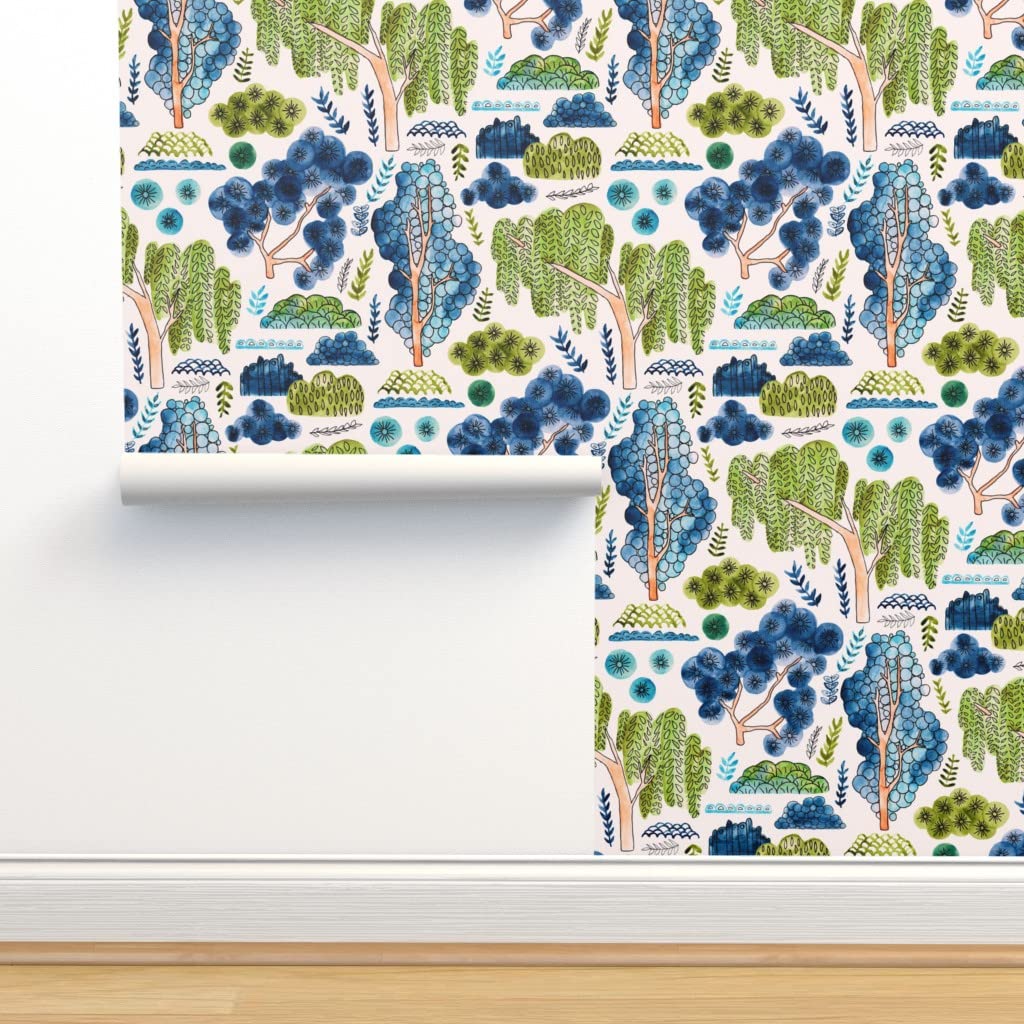 Premium Commercial Grade Wallpaper Swatch - Elegant Watercolor Chinoiserie Garden Design in Green & Blue | Asian-Inspired Nature Tree Pattern | Traditional Spoonflower Wallpaper for Living Room, Bedroom & Home Decor
