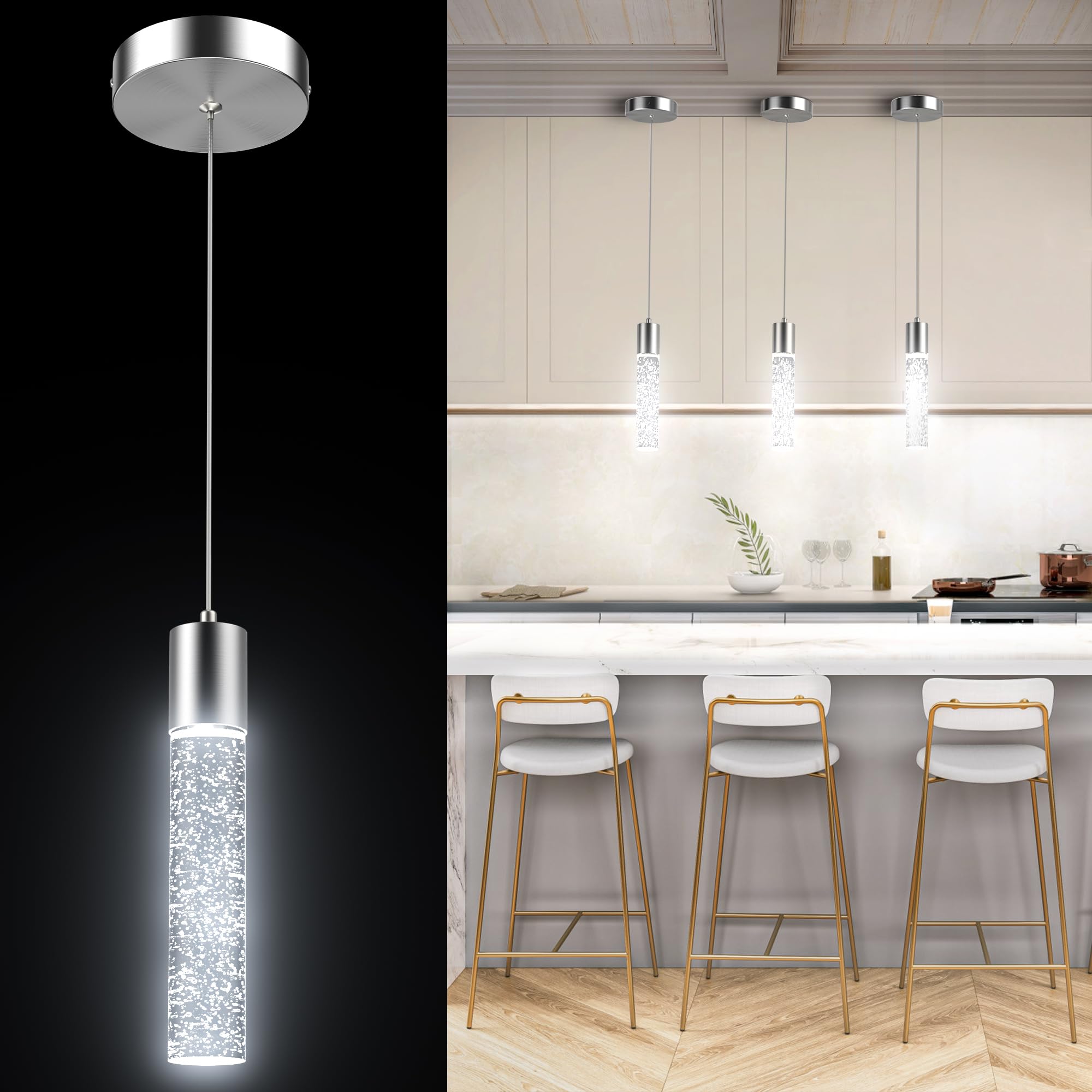 Modern Crystal Bubble Glass LED Pendant Lights for Kitchen Island - 6500K Bright White, Brushed Nickel Hanging Light Fixture (1 Pack) - Perfect for Dining Room, Bar Counter & Home Decor Lighting