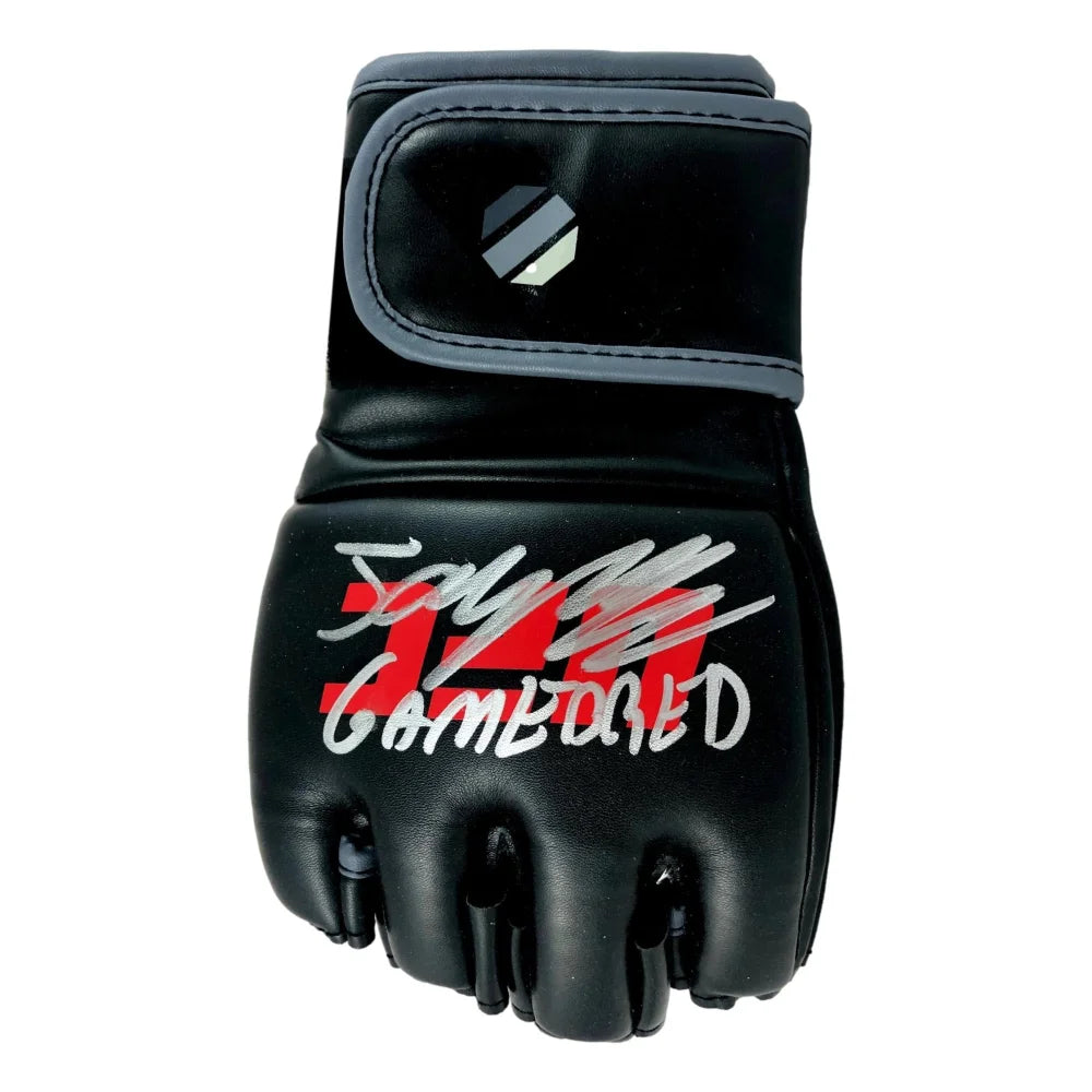 Authentic Jorge Masvidal Autographed UFC Gloves with JSA COA & 'Gamebred' Inscription - Collectible MMA Memorabilia for UFC Fans and Sports Collectors
