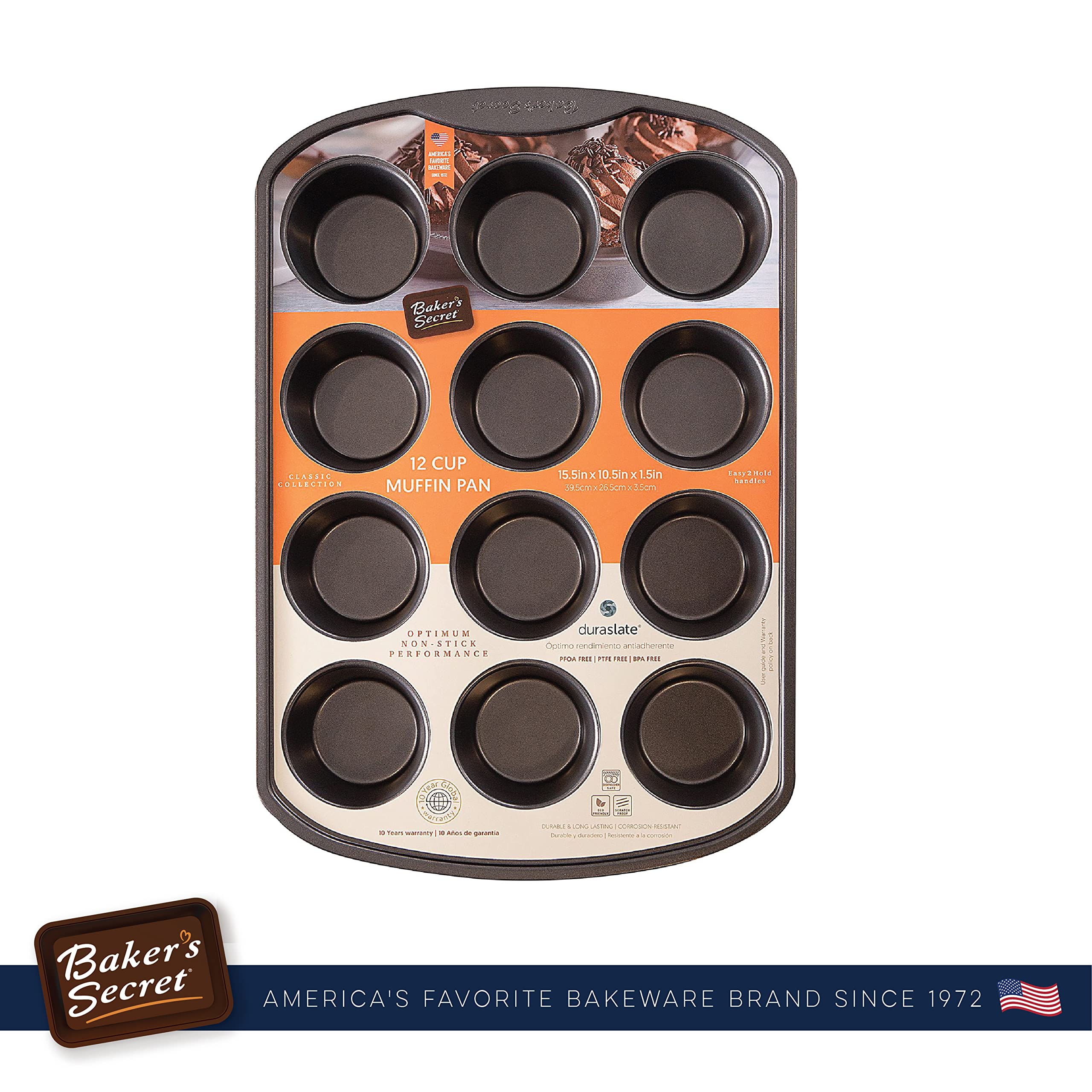 Baker's Secret 12-Cup Nonstick Muffin Pan - Carbon Steel Cupcake Baking Pan with Easy Release Coating, Dishwasher Safe Bakeware for Muffins & Cupcakes - Perfect for Home Baking, Party Desserts & Holiday Treats