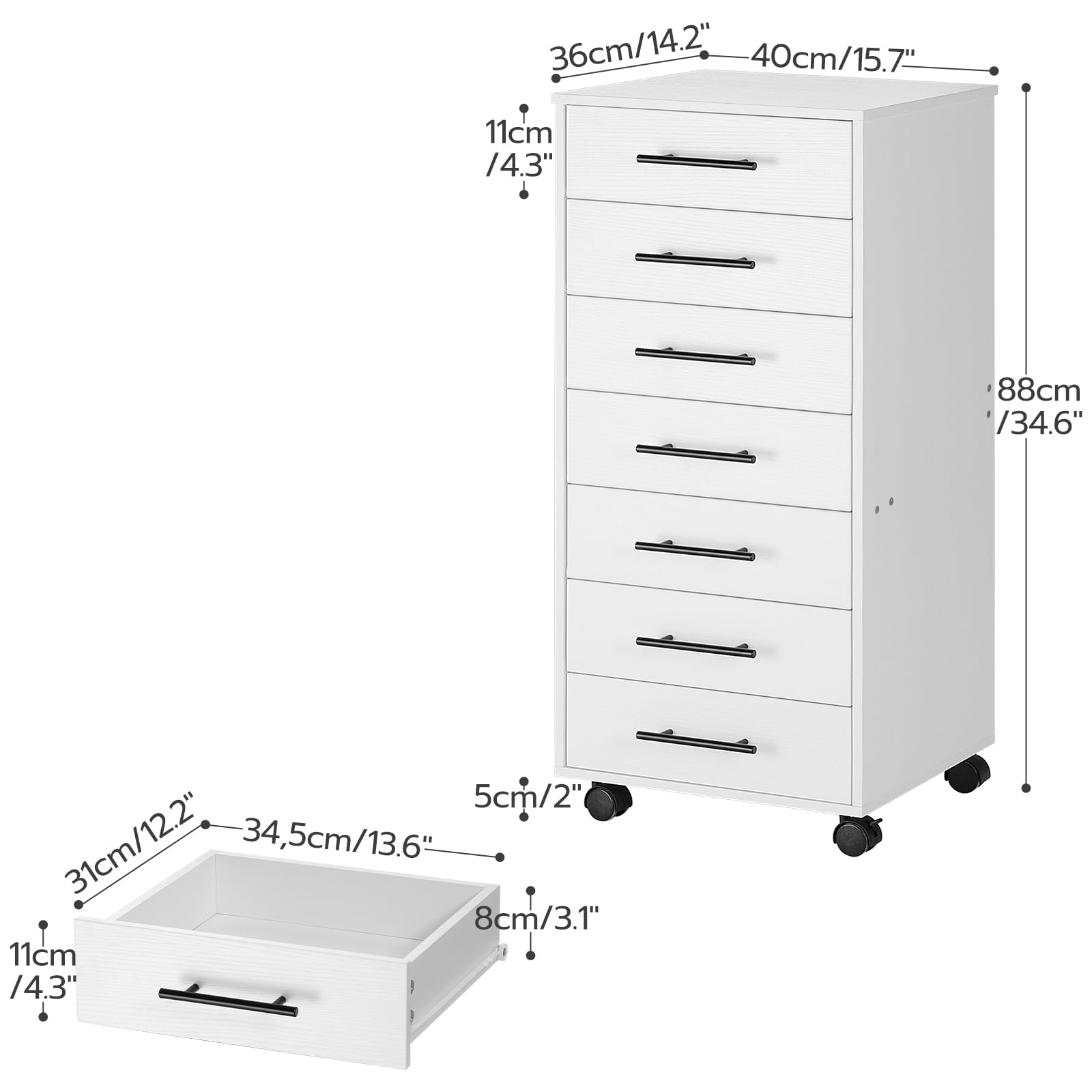 HOOBRO 7-Drawer Storage Cabinet, White Wooden File Organizer with Easy Assembly for Home Office, Study & Workspace - Perfect for Document Storage & Office Supplies Organization WT07WJ01