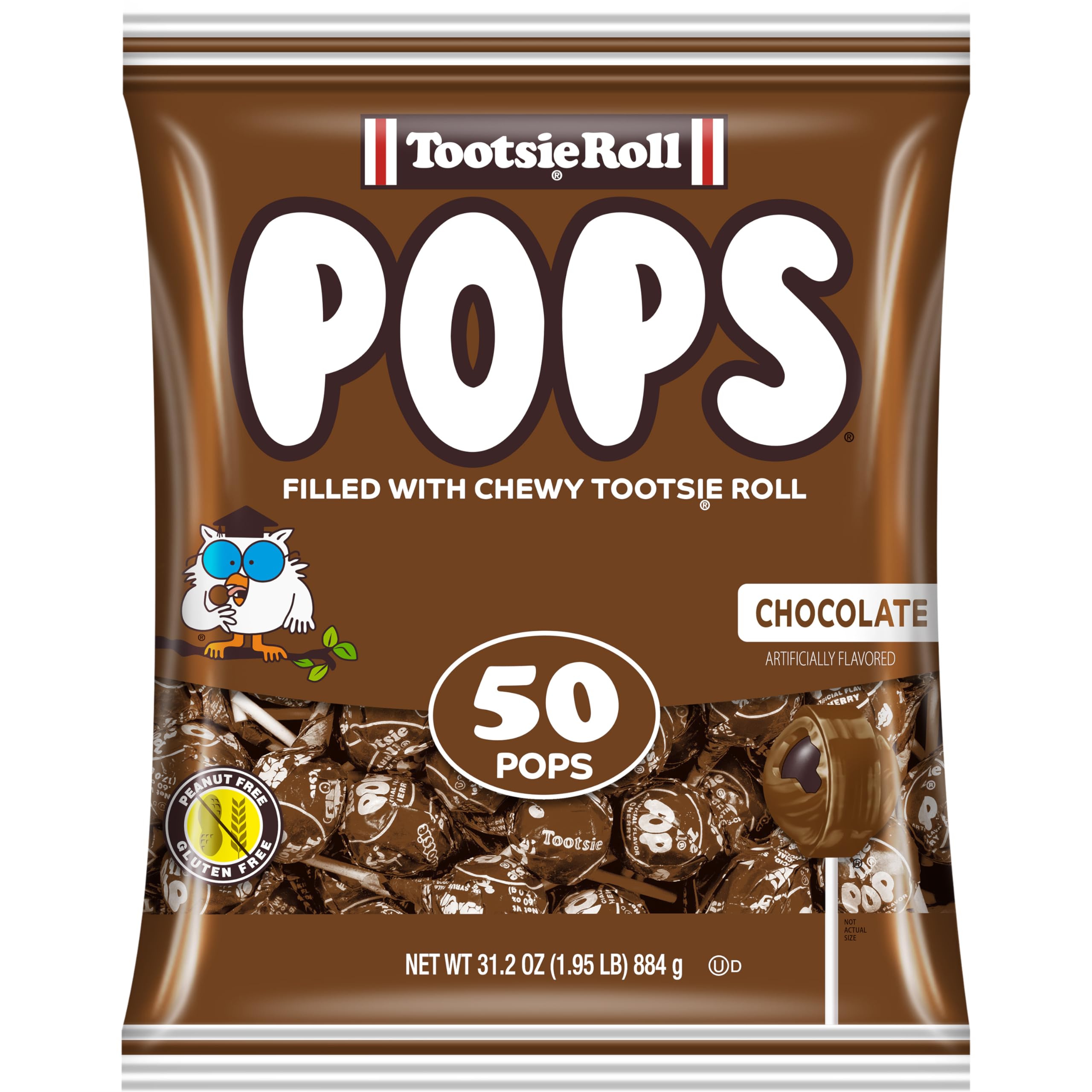 Tootsie Pops Chocolate Flavored Lollipops with Chocolatey Center - 50 Count Individually Wrapped Hard Candy - Peanut Free, Gluten Free Brown Candy - Perfect for Halloween Treats, Party Favors & Office Snacks