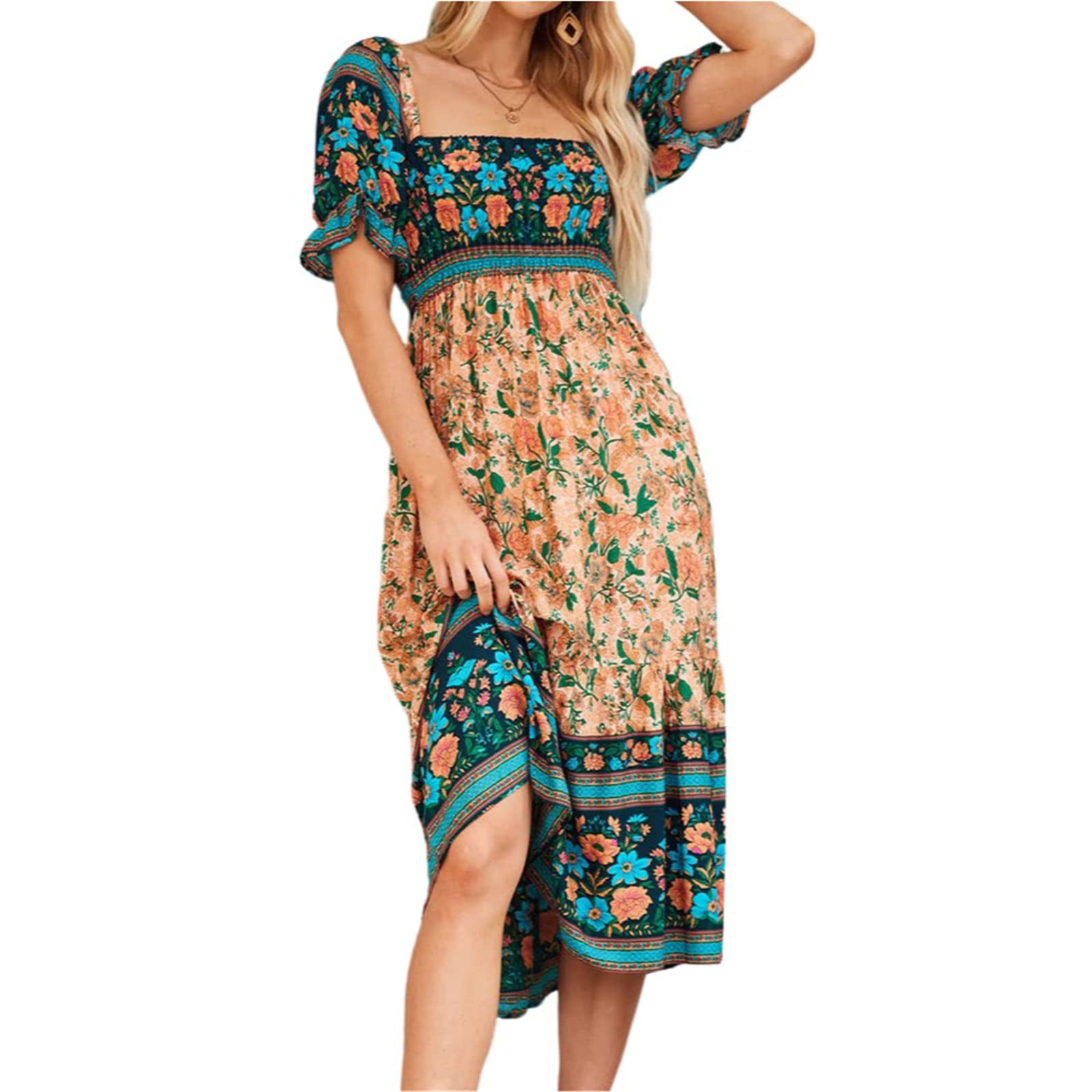 Axupico Women's Bohemian Floral Print Square Neck Backless Midi Dress - Elastic High Waist, Puff Sleeve Summer Dress for Beach, Party & Casual Wear