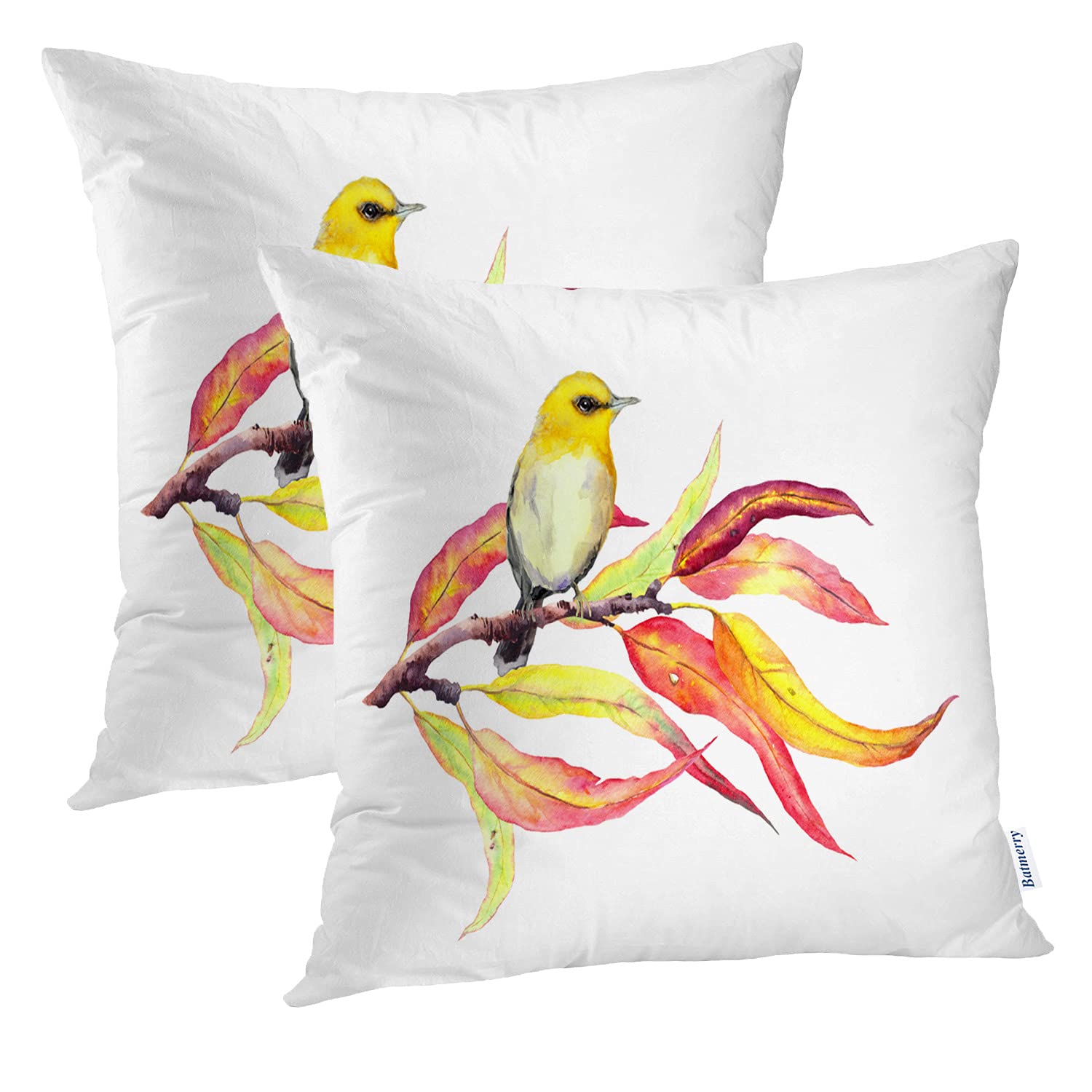Batmerry Yellow Cute Bird Pillow Covers 20x20 Inch Set of 2 - Autumn Branch with Red & Yellow Leaves Watercolor Design, Double Sided Square Throw Pillow Cases for Sofa, Bed, Couch Decor - Perfect for Fall Home Decor and Seasonal Living Room Accents