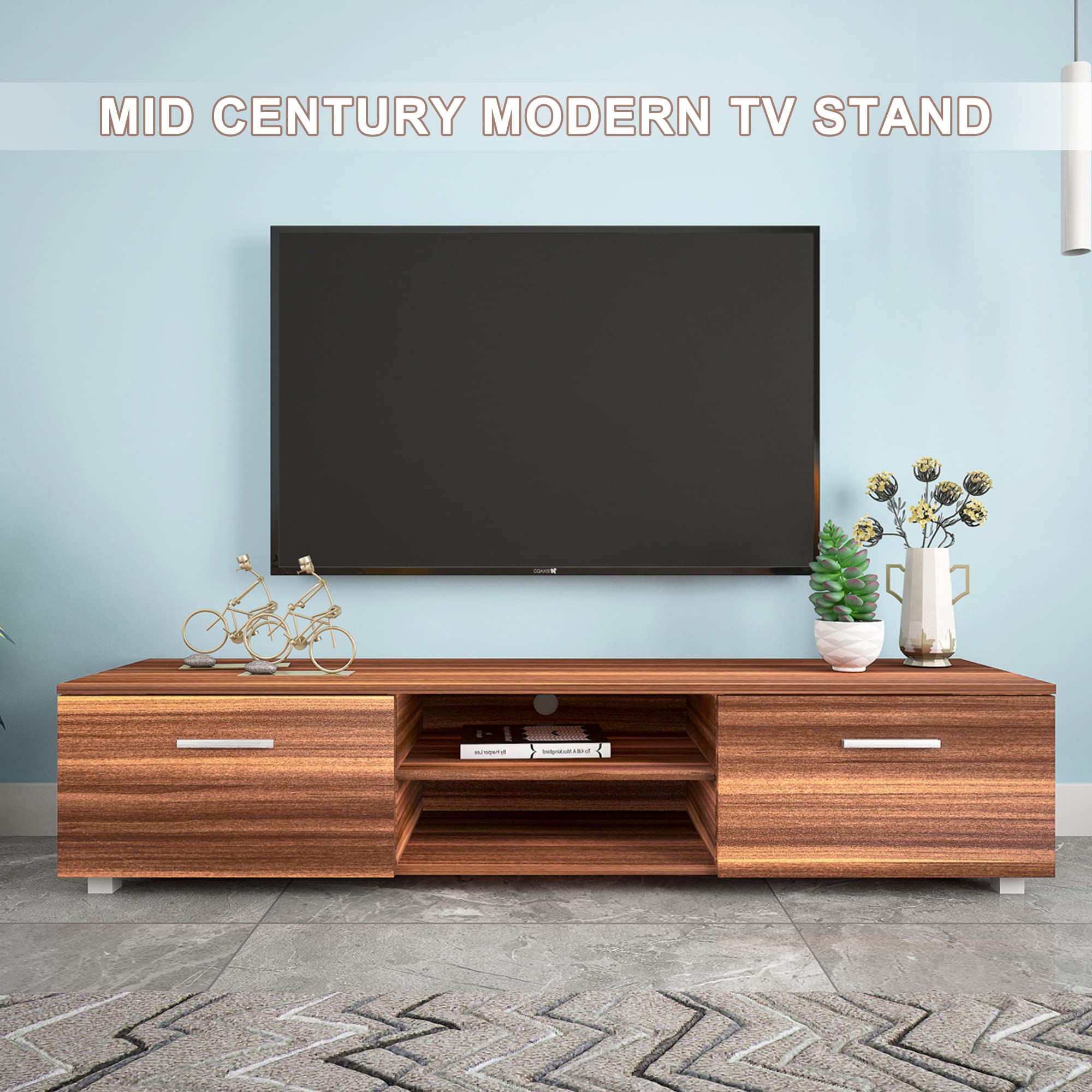 Modern 70 Inch Walnut TV Stand with Storage - High Gloss Entertainment Center for Living Room | Perfect for Home Theater Setup & Media Organization