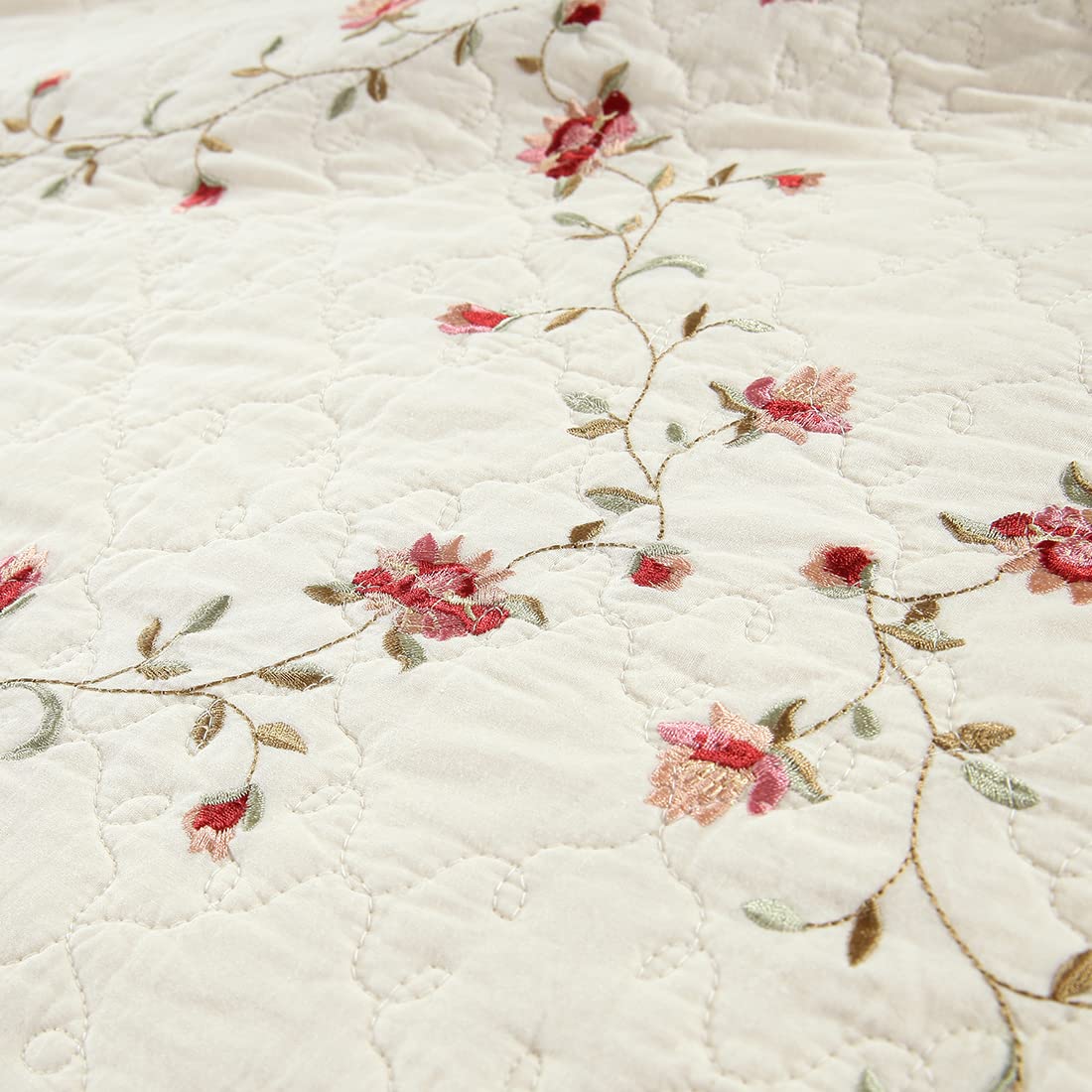 VCTOPS 2-Piece King Size Floral Embroidered Pillow Shams Set - 100% Cotton Quilted Decorative Pillow Covers (20x36 Inches, Cream) for Bedroom, Living Room & Home Decor