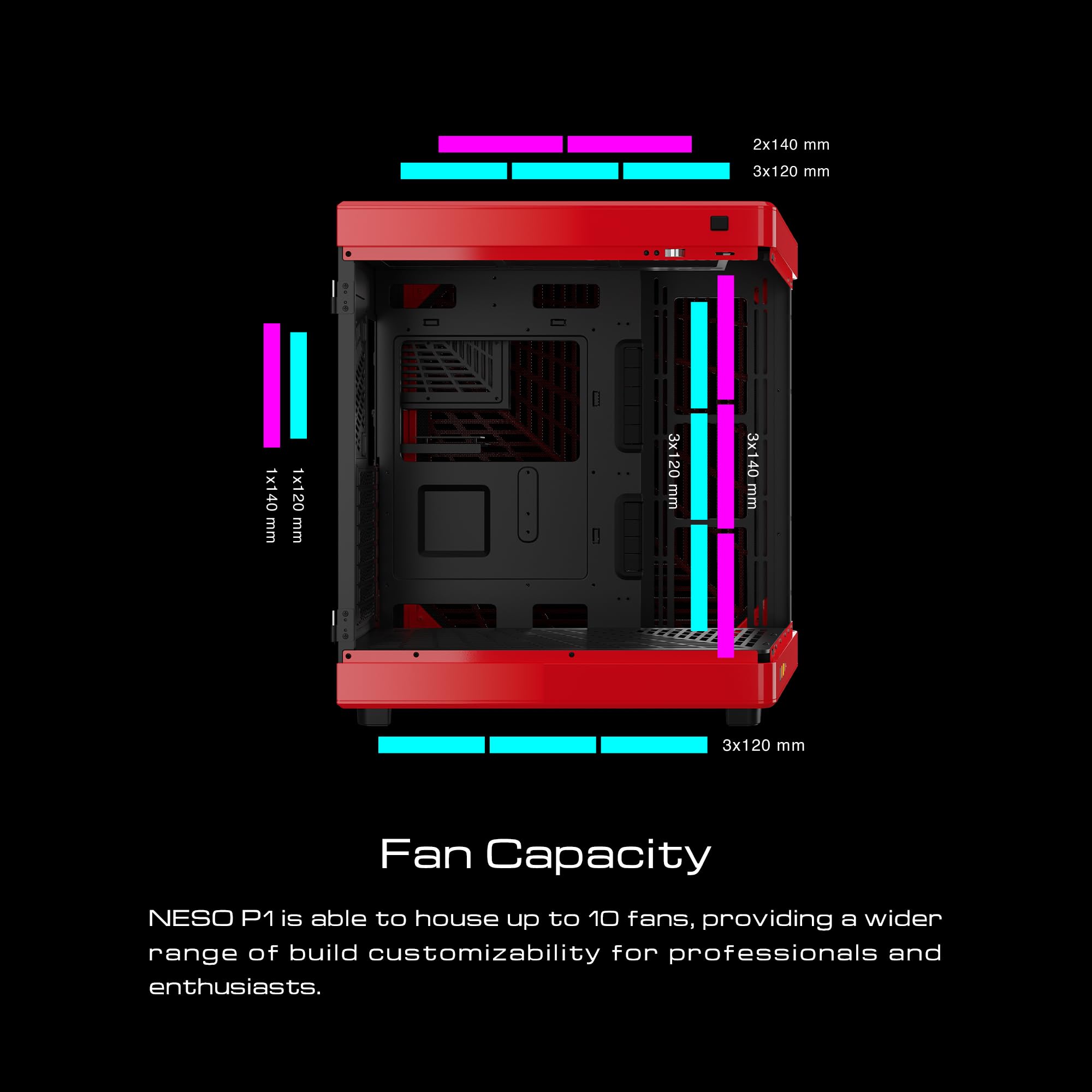 GAMDIAS NESO P1 Full Tower PC Gaming Case - EATX Support, Dual Chamber Design, Bidirectional Configuration, Tempered Glass Windows with Touch Opening - Red | Perfect for High-End Gaming Rigs & Custom PC Builds