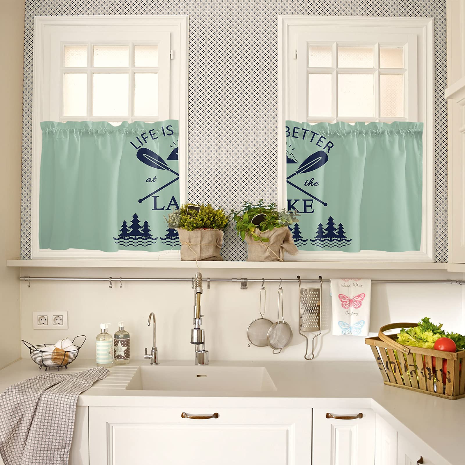 Green Lake Oar Kitchen Curtains 24 Inch Length - 2 Panel Short Cafe Tier Drapes with Plant Tree & Mountain Design, Rod Pocket Window Treatment (55x24 inches) for Cozy Kitchen, Dining Room or Coffee Shop Decor