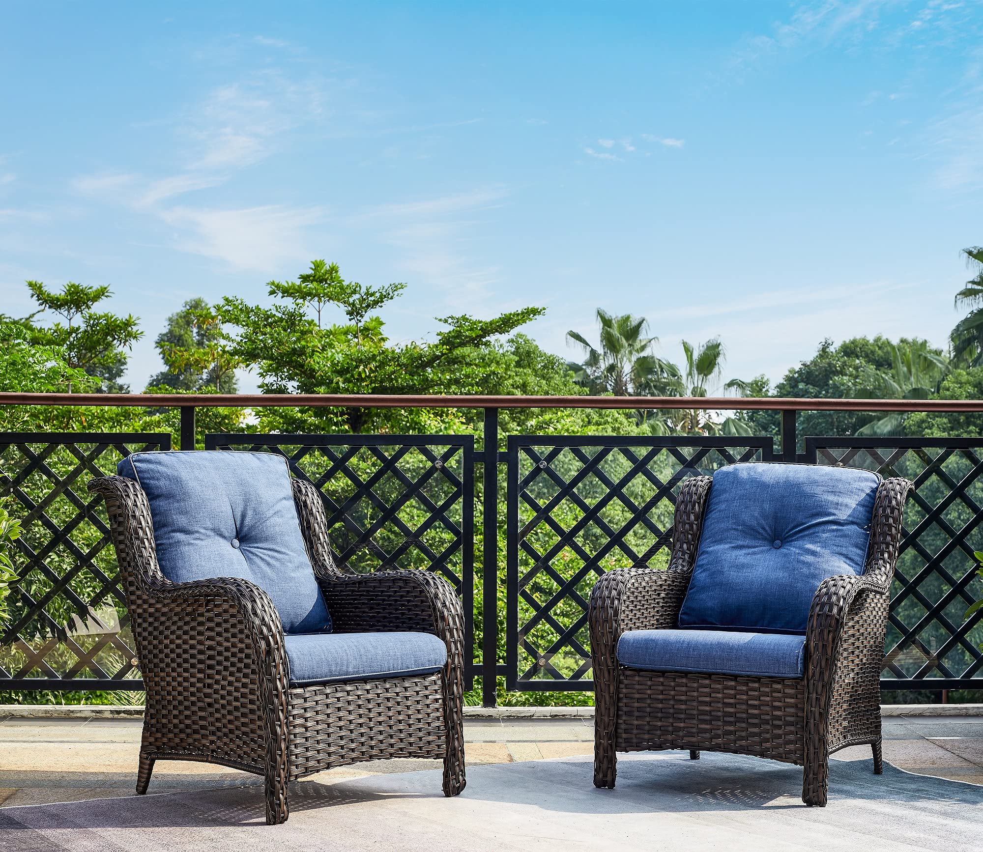 5-Piece Outdoor Patio Furniture Set - Rattan Wicker Sectional Sofa with 3-Seat Couch, 2 Armchairs & 2 Ottoman Footrests - Brown/Blue - Perfect for Garden, Backyard, Poolside & Outdoor Conversations