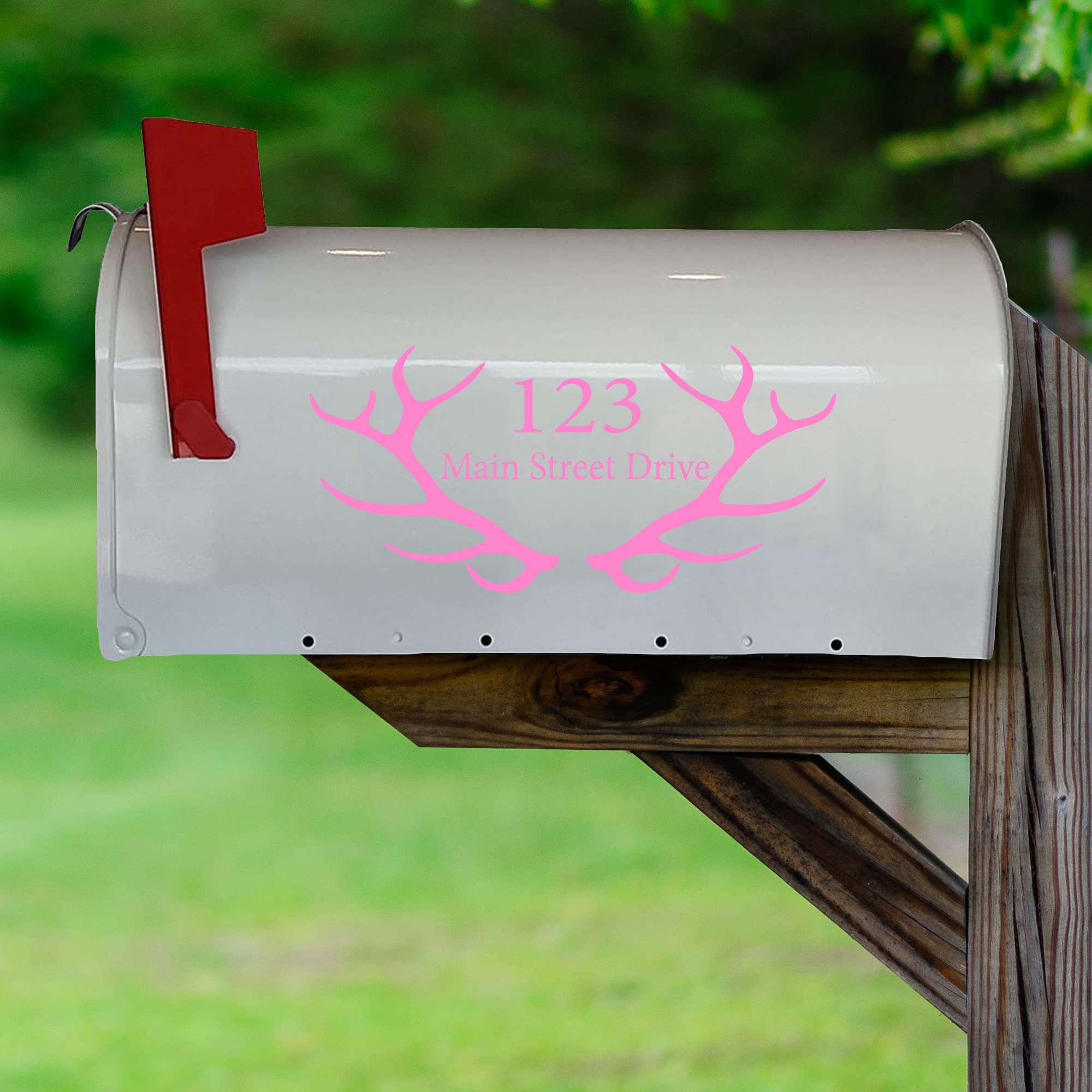 VWAQ Custom Home Address Vinyl Stickers - Set of 2 Antler Mailbox Decals (Pink, CMB27) for Mailbox Decoration & House Number Signs