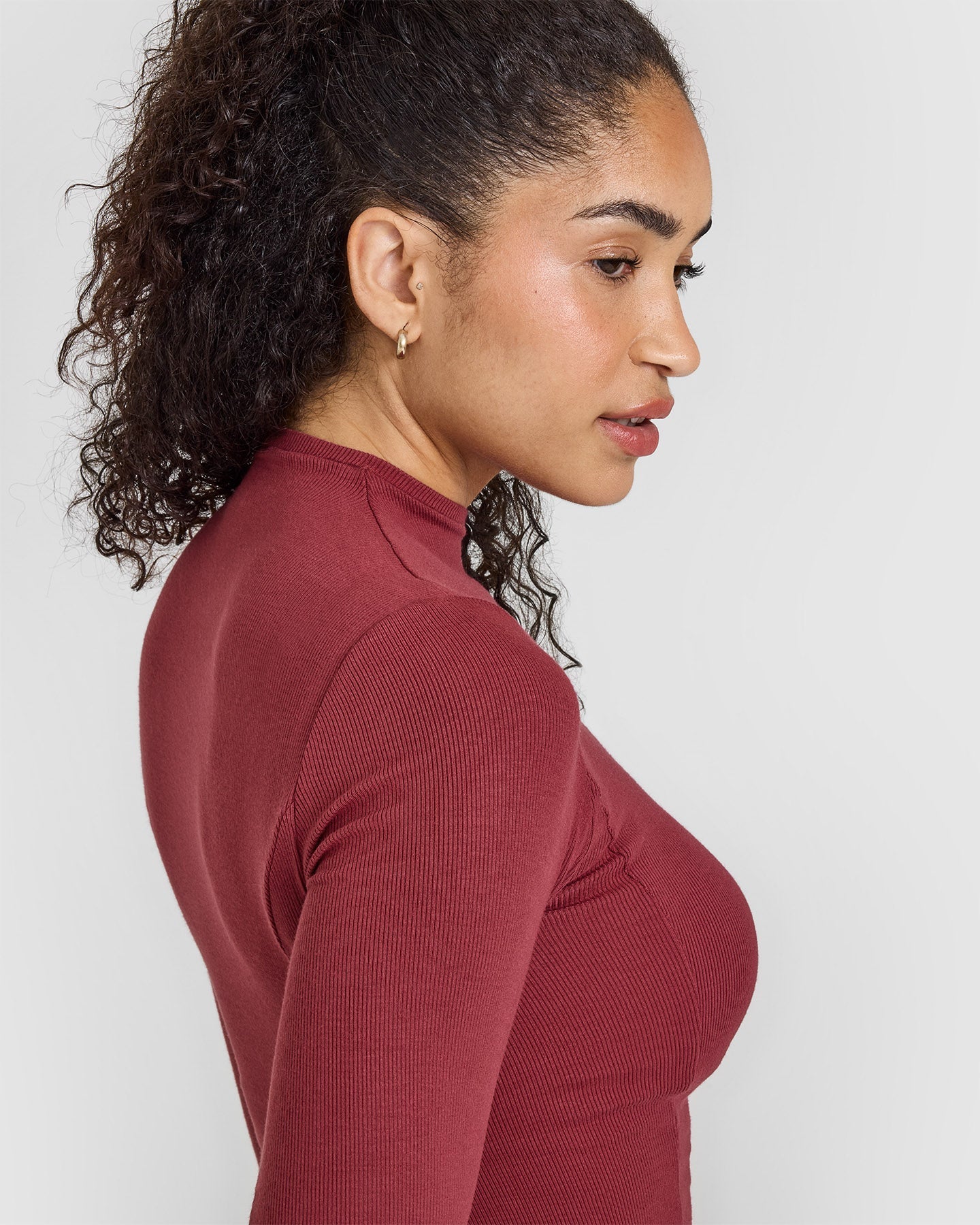 Mellow™ Rib Mock Neck Long Sleeve Top for Women - Soft Stretch Knit Turtleneck Shirt in Burnt Cherry | Casual Fall & Winter Layering, Office Wear, Date Night Outfits