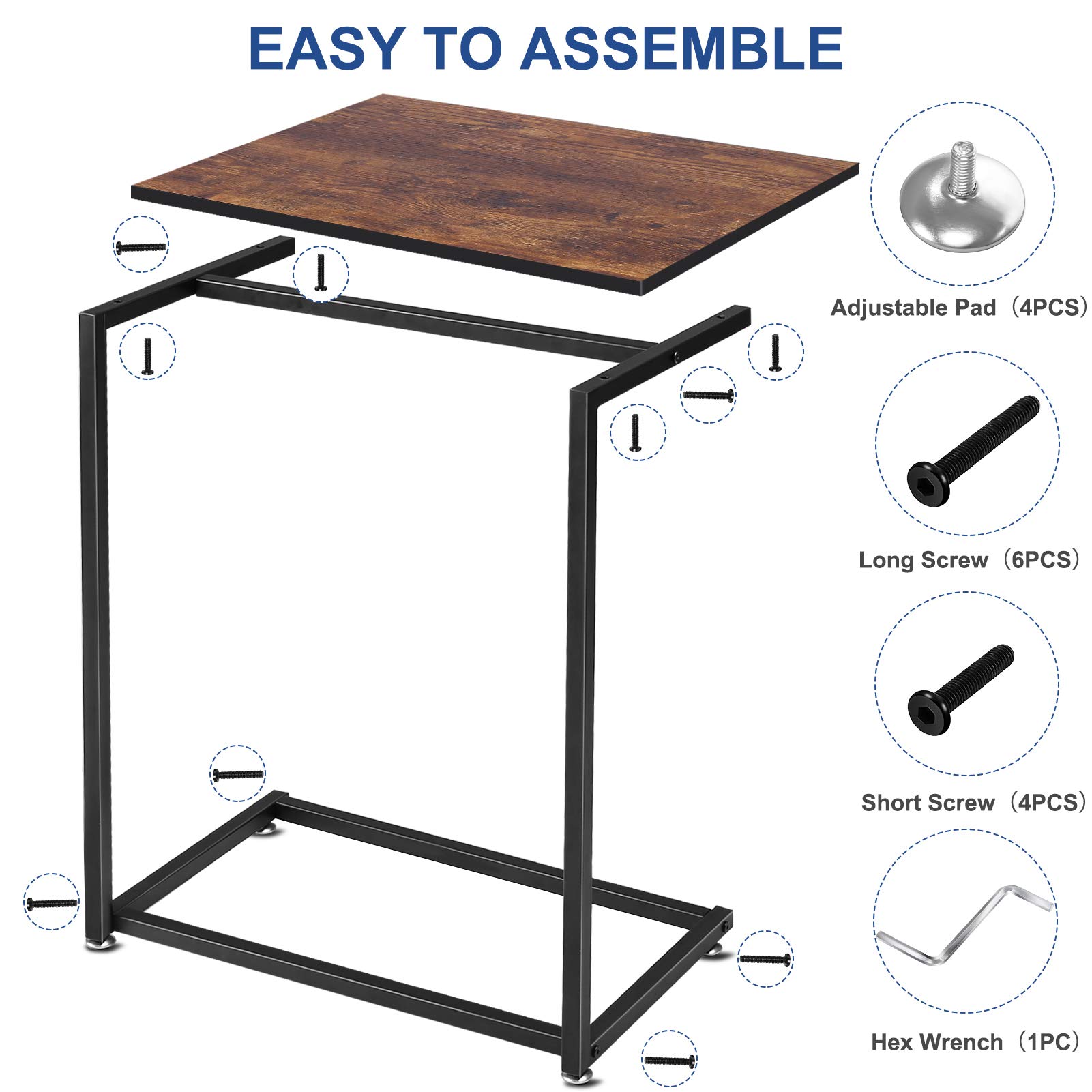 Modern C-Shaped Side Table with Metal Frame & Wood Top - Rustic Brown End Table for Laptop, Coffee & Snacks - Perfect for Living Room, Bedroom & Small Spaces - Ideal as Couch Table, Nightstand or Home Office Accent