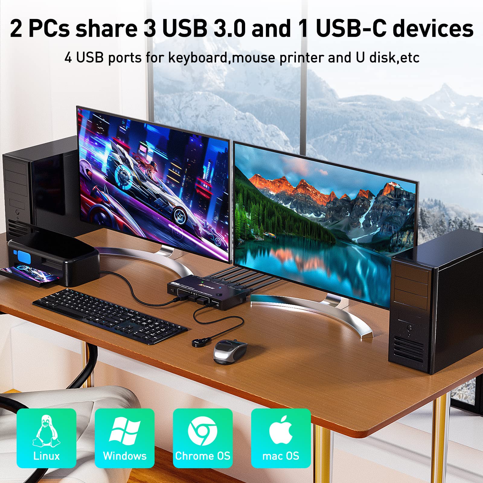 2-Port DisplayPort KVM Switch - Dual Monitor Support with Extend/Mirror Modes | HDMI & DP Output | Single DP Connection per PC | Perfect for Home Office & Multi-Computer Workstations