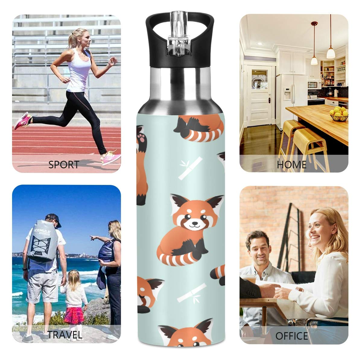 Blueangle Cute Red Panda Insulated Stainless Steel Water Bottle with Straw - BPA Free, Leak Proof, 24hr Temperature Retention - Perfect for Gym, Hiking, Camping & Outdoor Activities
