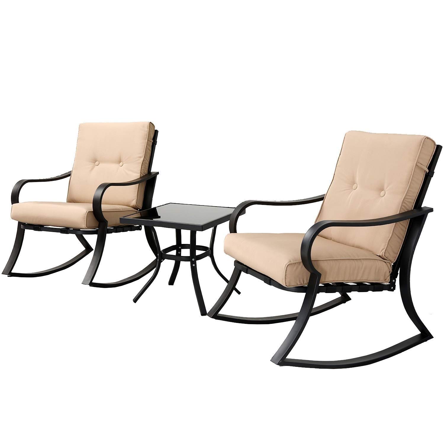 Outdoor 3-Piece Metal Bistro Set with Coffee Table - Black/Brown Iron Patio Furniture with Cushions | Perfect for Garden, Backyard, Balcony & Poolside Relaxation