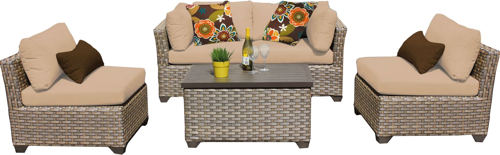 TK Classics 5-Piece Monterey Outdoor Wicker Patio Furniture Set in Wheat - All-Weather Rattan Sofa Set with Coffee Table for Garden, Poolside, and Backyard Relaxation