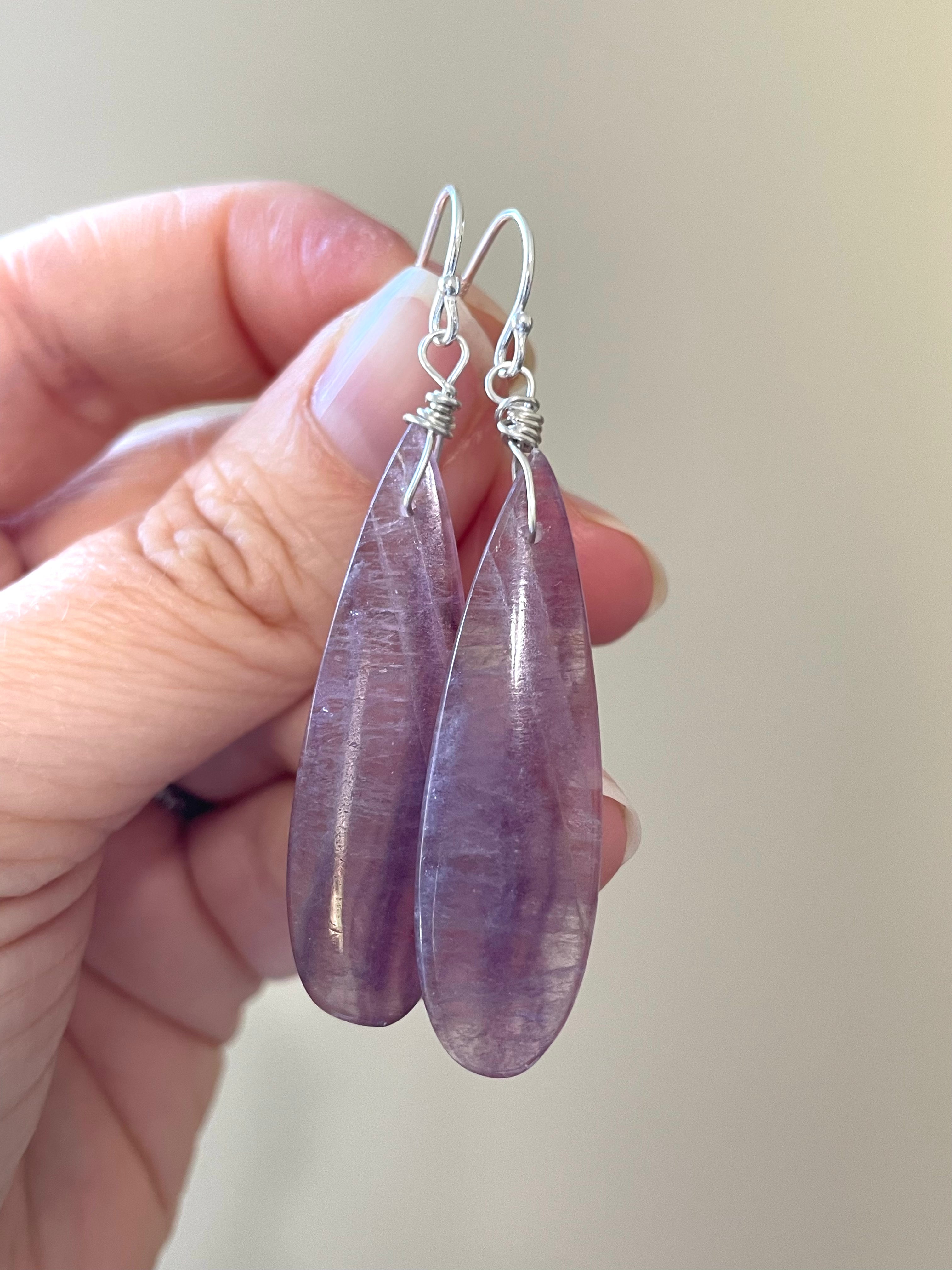 Natural Purple Fluorite Earrings for Women - 925 Sterling Silver Dangle Earrings - Healing Crystal Jewelry for Meditation & Energy Balance