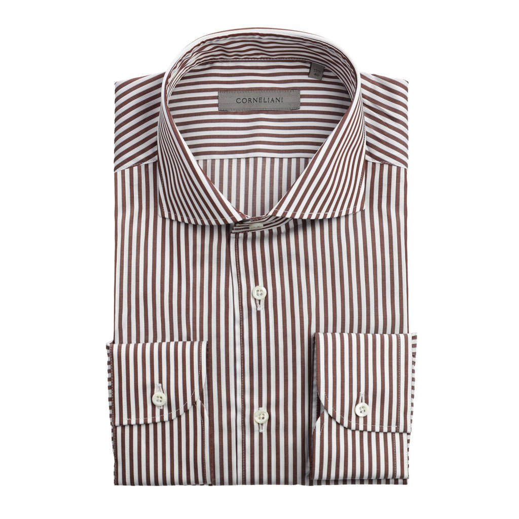 CORNELIANI Men's Tailored Fit Cotton Stripe Dress Shirt with Single Cuff in White/Brown - Perfect for Business Casual & Formal Office Wear