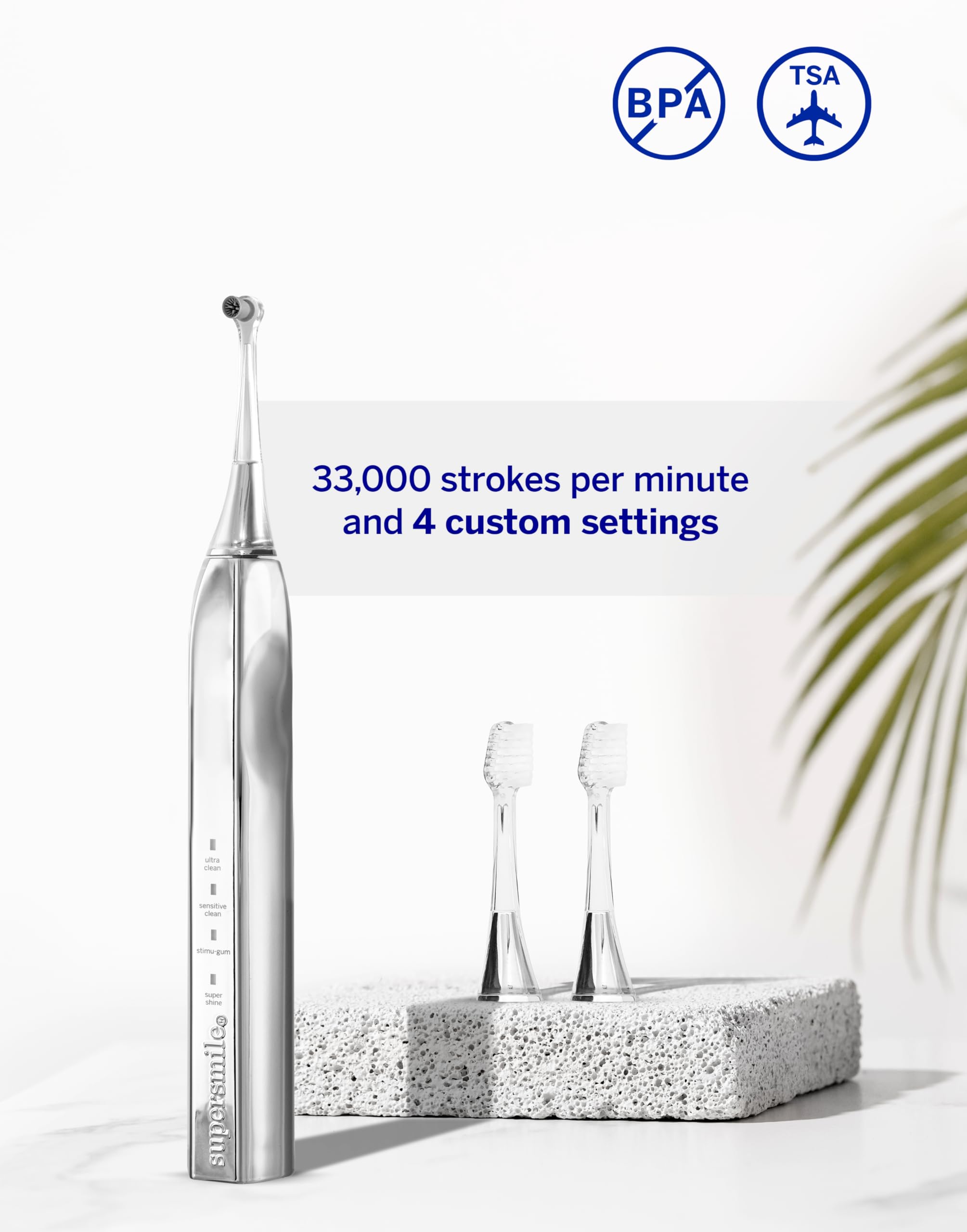 Supersmile Zina45 Deluxe Sonic Pulse Electric Toothbrush - Rechargeable Teeth Whitening Toothbrush with 45,000 VPM, Silver | Perfect for Travel & Daily Oral Care Routine