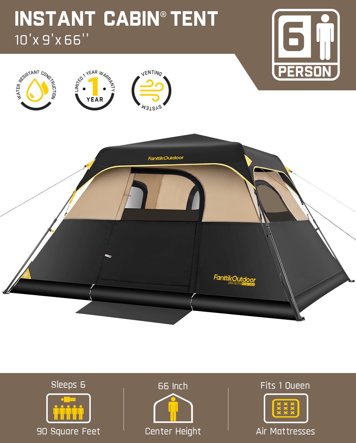 Fanttik Instant Cabin Tent for 4/6/8/10 Person - 60 Second Setup, Waterproof Rainfly & Windproof Design - Portable Camping Tent with Carry Bag for Family Camping, Hiking, Backpacking & Outdoor Adventures