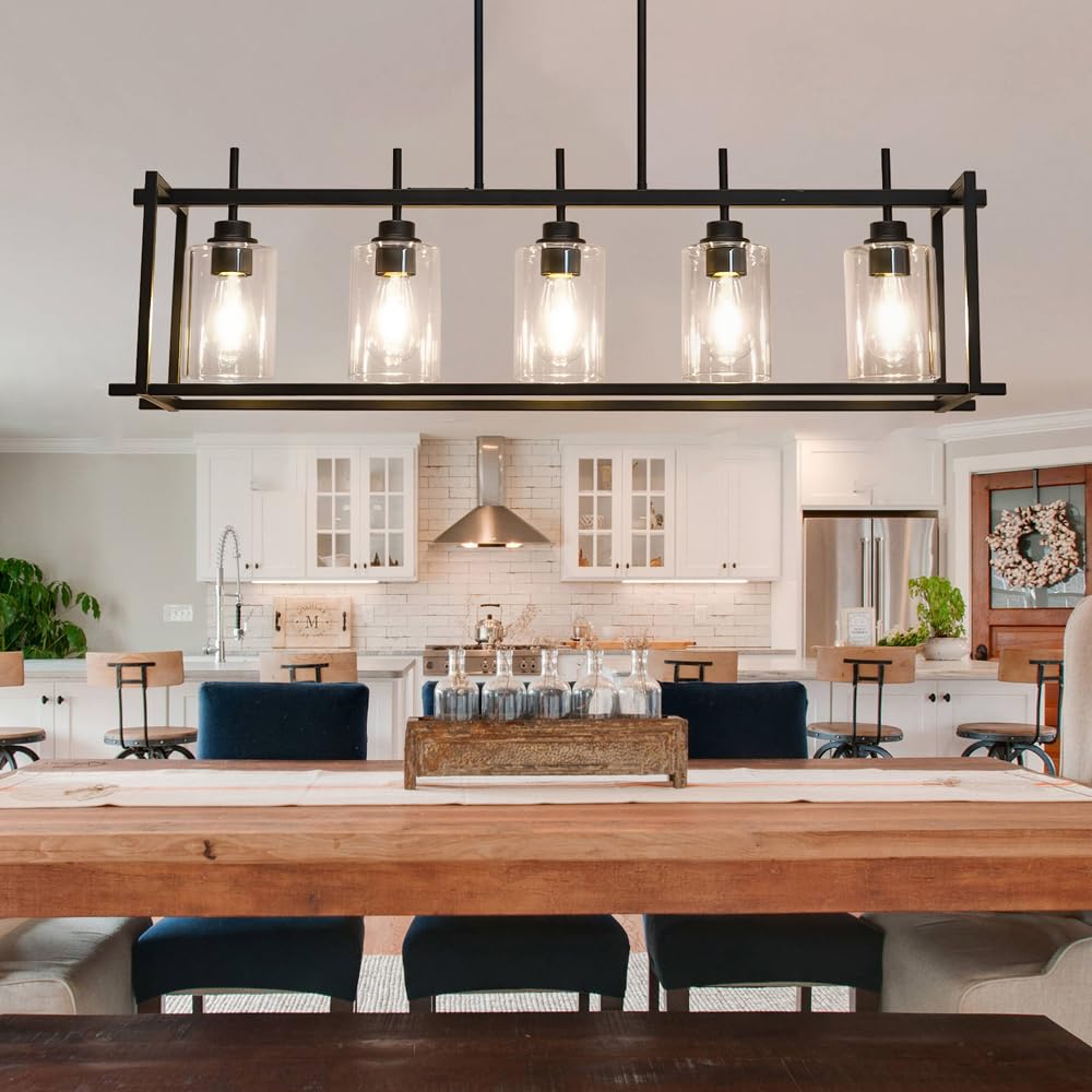 Farmhouse Chandelier - 5-Light Rectangular Rustic Black Pendant Lighting for Kitchen Island & Dining Room | Modern Farmhouse Ceiling Light Fixture Over Table | Perfect for Country Style Homes, Restaurants and Cabin Decor