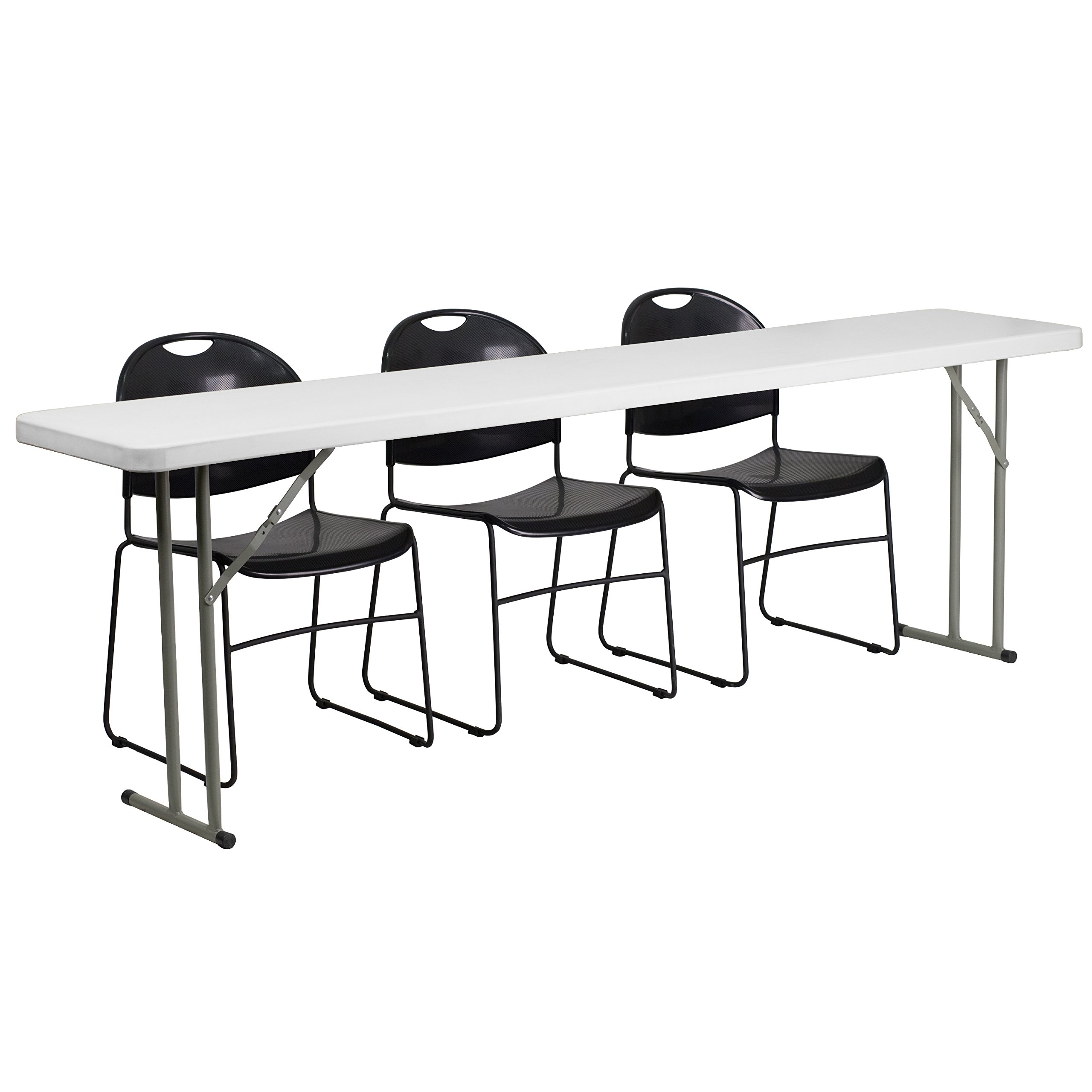 Flash Furniture 8-Foot Plastic Folding Training Table Set with 3 Black Plastic Stack Chairs - Portable Conference & Classroom Furniture for Meetings, Events & Training Sessions