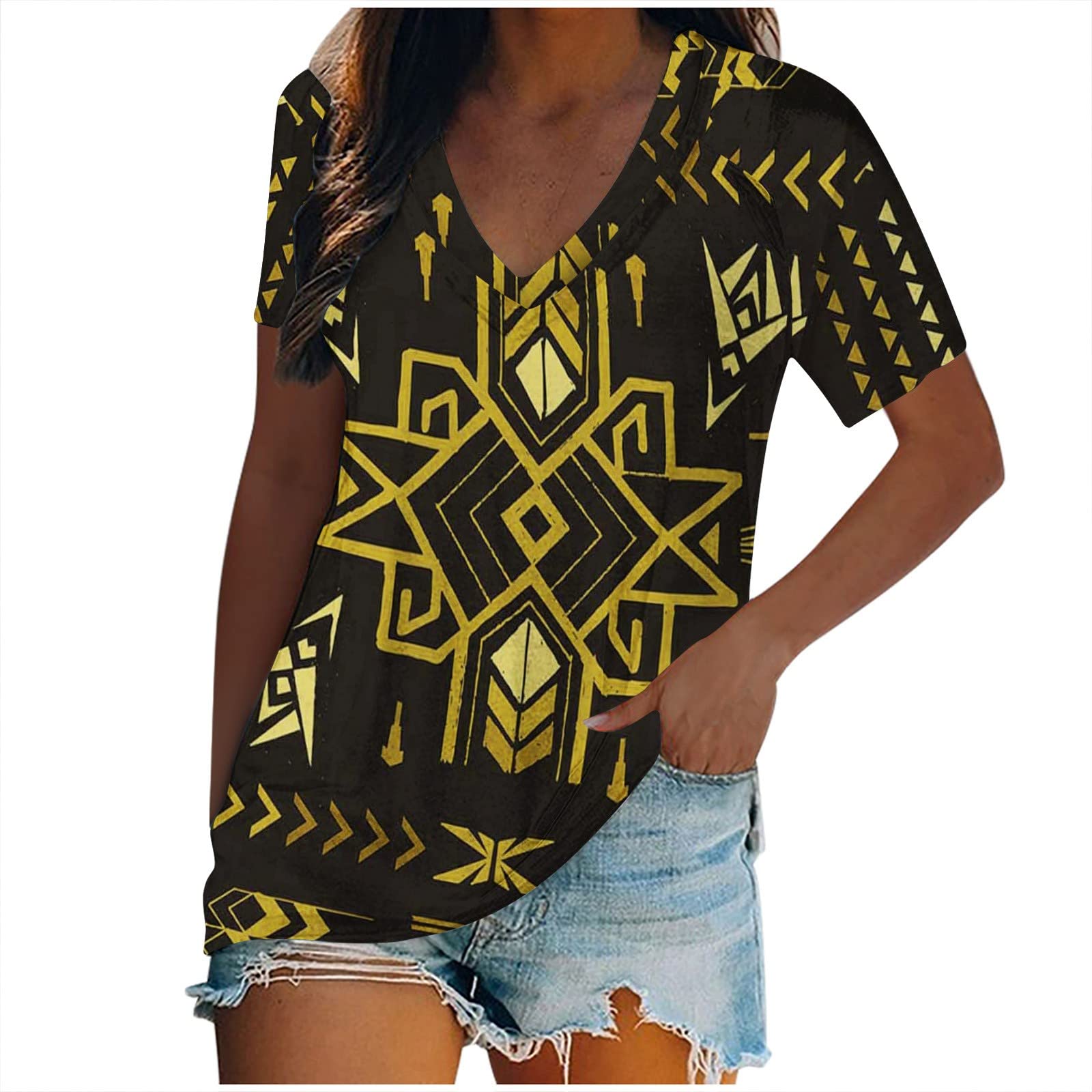 Women's Printed V-Neck Loose Short Sleeve T-Shirt - Elegant Blouse & Casual Pullover Top for Women - Perfect for Office Wear, Date Nights & Summer Outfits