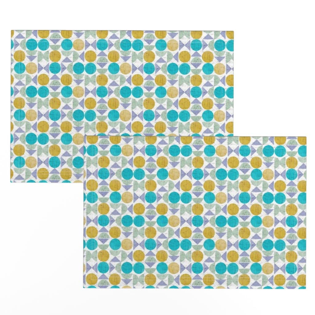 Mid Century Geometric Print Linen Cotton Canvas Placemats (Set of 2) - White Green Blue Teal Abstract Design for Dining Table Decor, Kitchen Table Setting & Home Entertaining