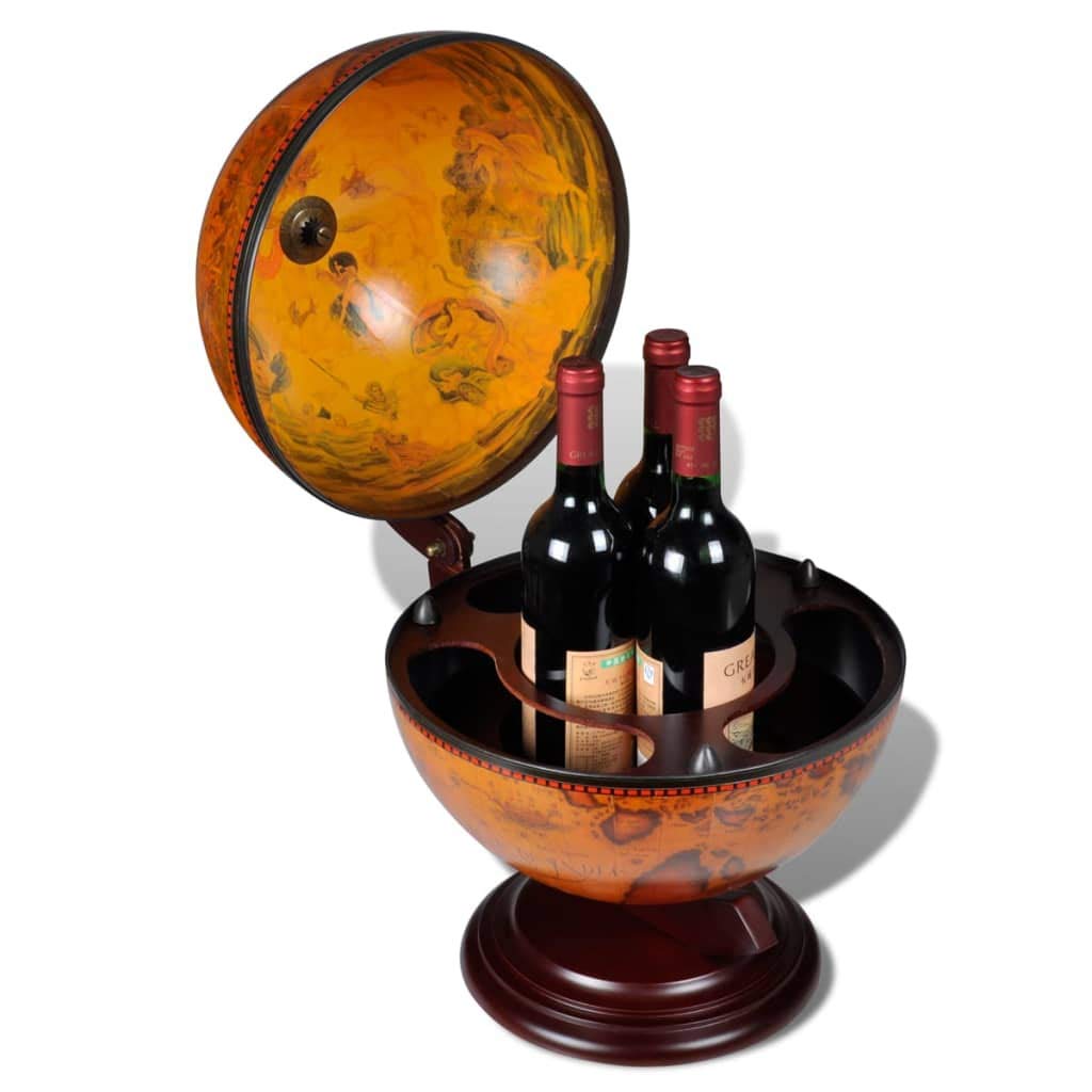 vidaXL Rotatable Eucalyptus Wood Wine Stand - 16th Century Nautical Map Tabletop Globe Bar with Antique Frescoes - Farmhouse Style Home Office Decor for Wine Storage & Display