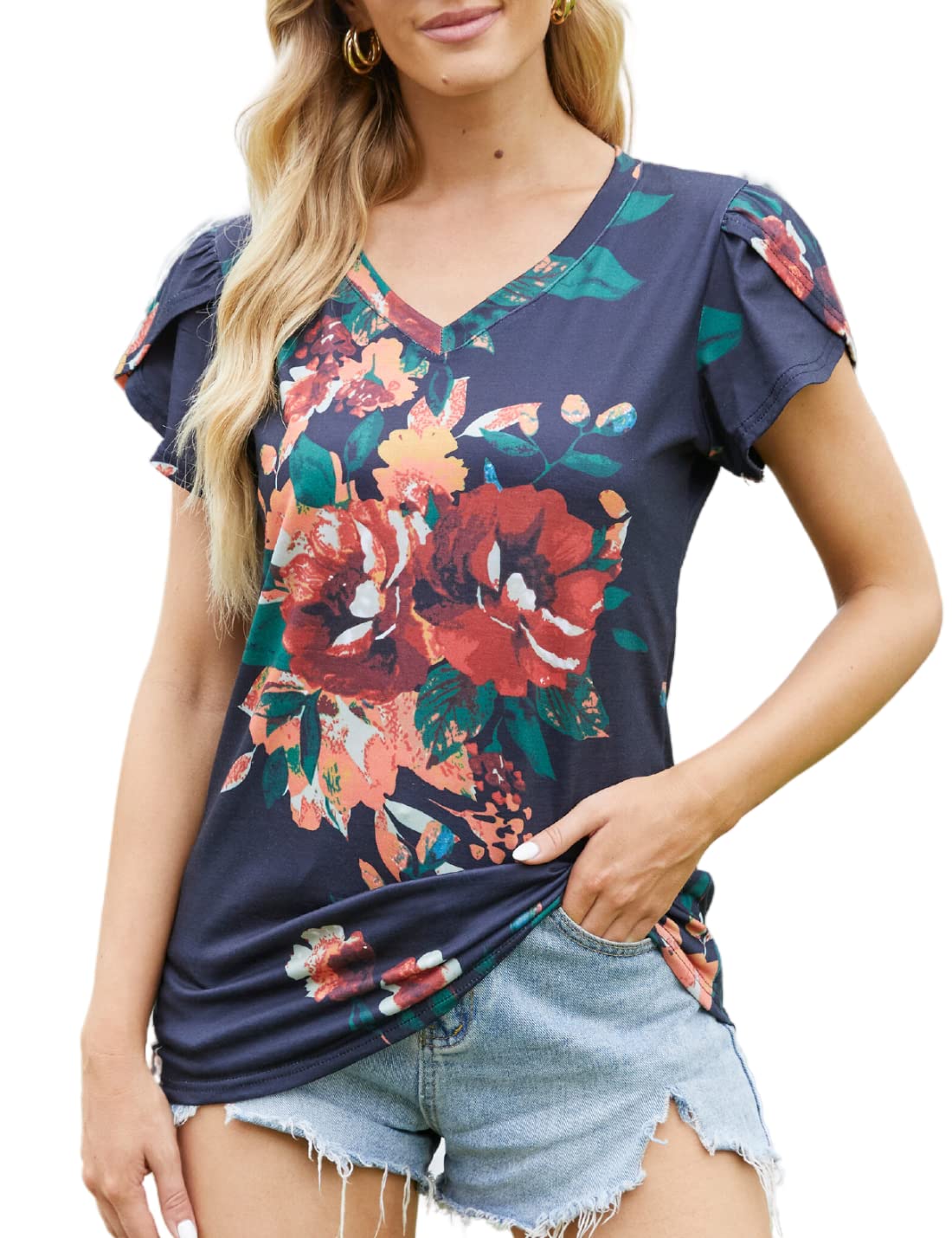 Women's Floral V-Neck Casual T-Shirt - Short Sleeve Loose Fit Blouse for Summer | Perfect for Beach Outings, Weekend Wear & Casual Office Looks