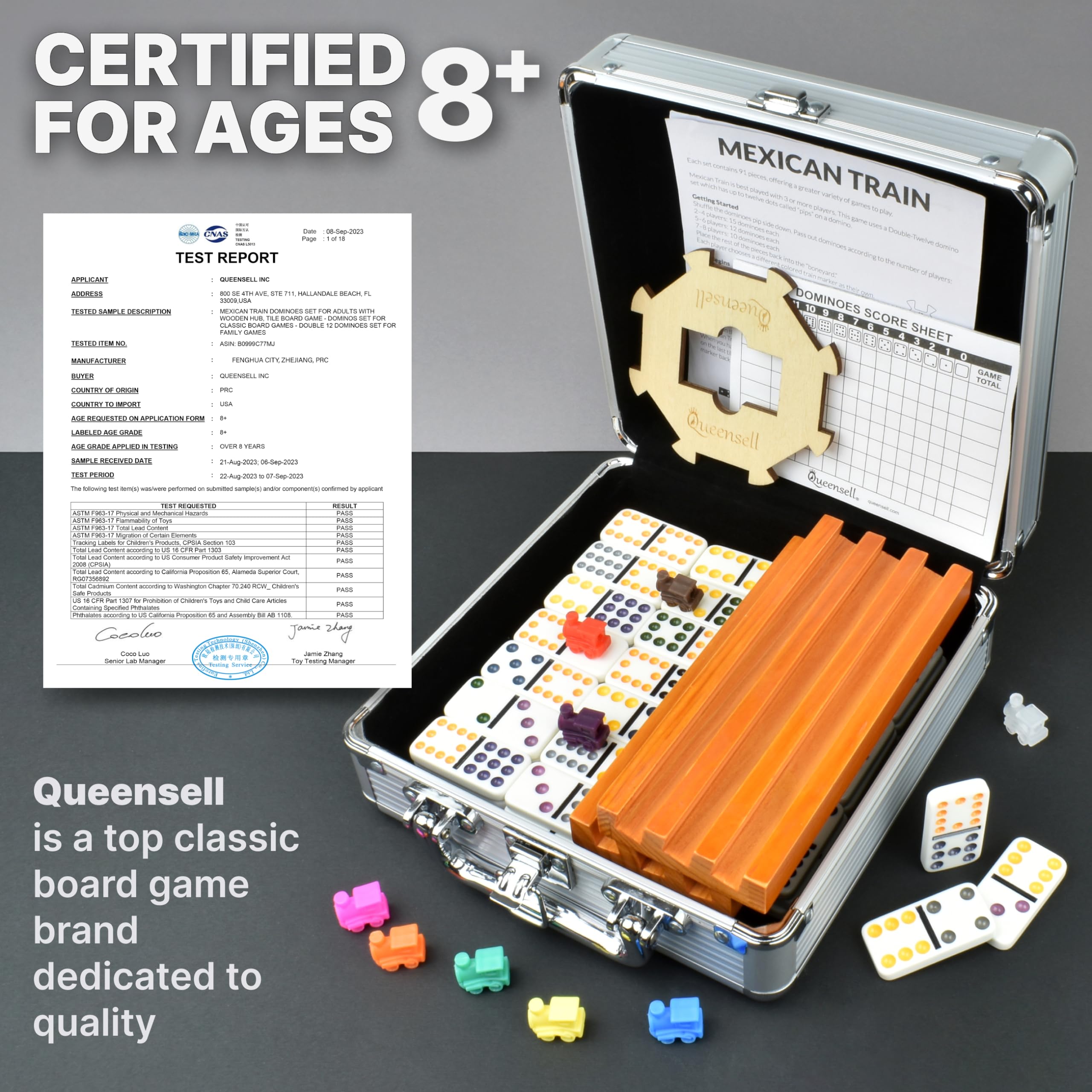Premium Mexican Train Dominoes Set - Double 12 Wooden Dominoes with 4 Tile Holders & Wooden Hub - Complete Family Board Game for Adults & Kids Age 8+ - Perfect for Game Nights, Parties, Camping & Family Gatherings (D12 + 4 Holders)