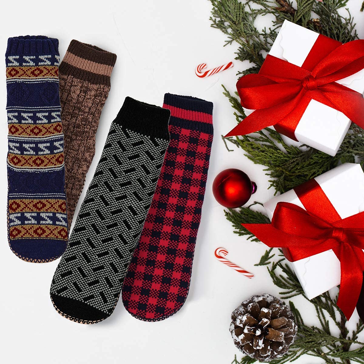 Men's Winter Cable Knit Non-Slip Slipper Socks - Warm Sherpa Lined Cozy Indoor House Socks for Home, Lounge & Cold Weather Comfort