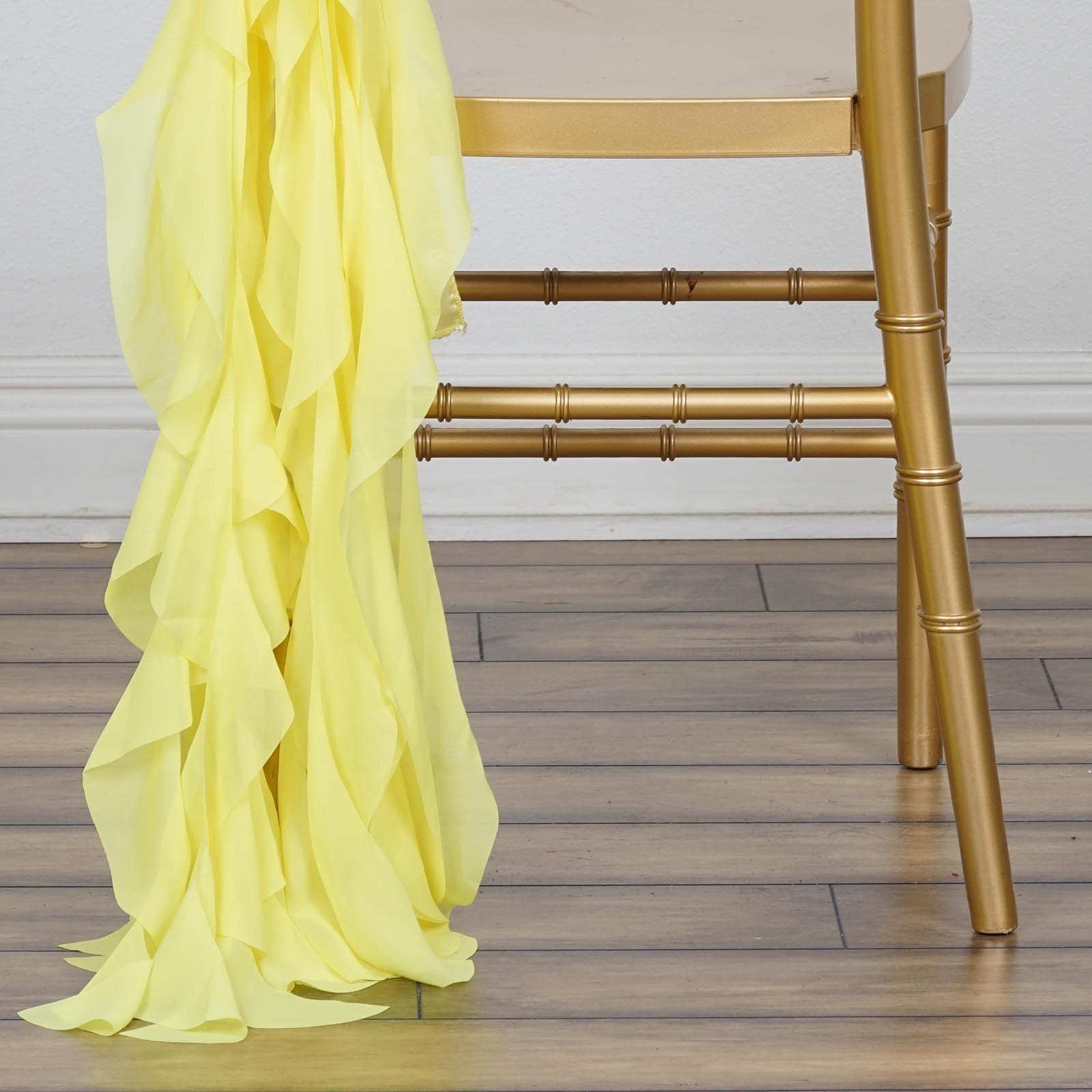 50 Premium Yellow Curly Chiffon Chair Covers with Sashes - Elegant Wedding, Party, Ceremony & Reception Decorations - Perfect for Banquet Halls, Bridal Showers, and Special Events