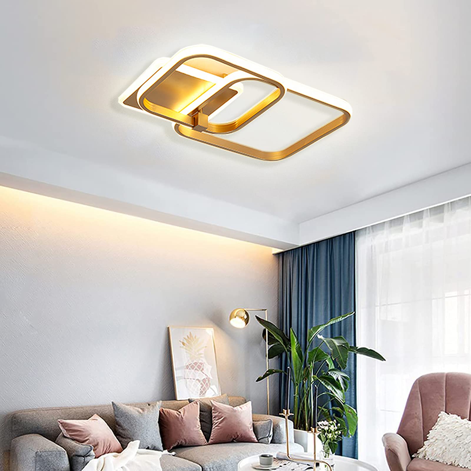Becailyer 50W Modern LED Ceiling Light - Gold Geometric Square Flush Mount Lighting Fixture, 6000K Cool White - Perfect for Living Room, Bedroom, Dining Room & Office Spaces