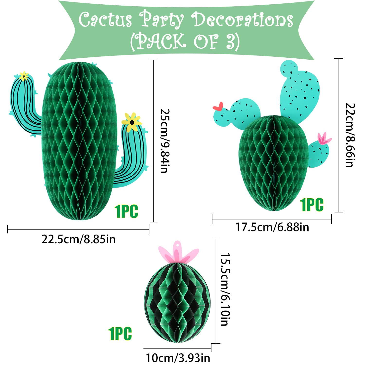 3-Piece Cactus Honeycomb Table Centerpieces - Mexican Fiesta Party Decor, Tropical Theme Wedding & Home Decor for Cinco de Mayo, Summer Parties, and Boho Home Styling