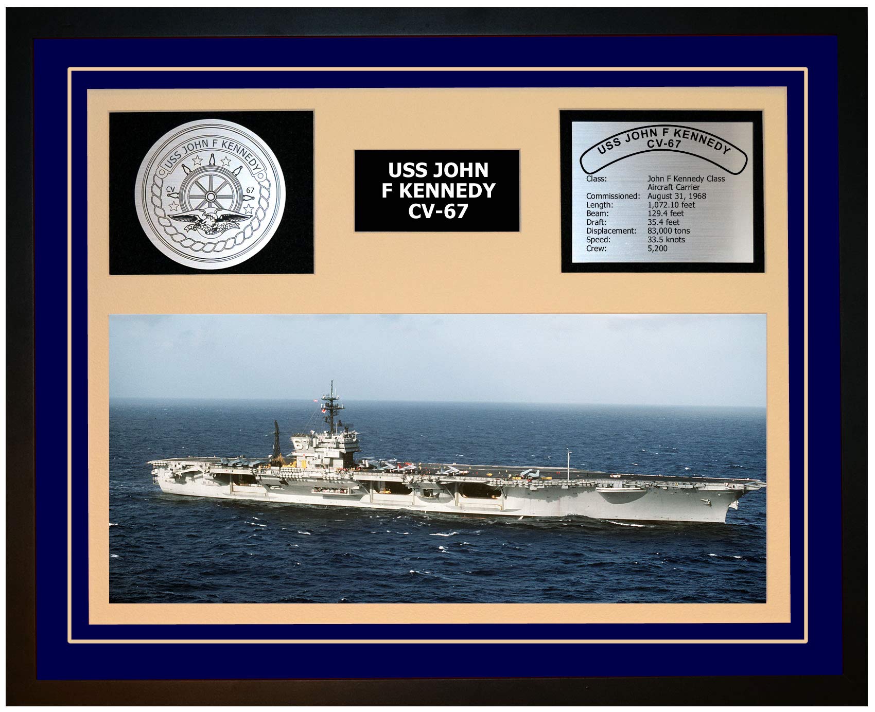 USS John F. Kennedy CV-67 Navy Ship Model Display - Blue Framed Military Collectible for Home Office Decor & Navy Veteran Gifts