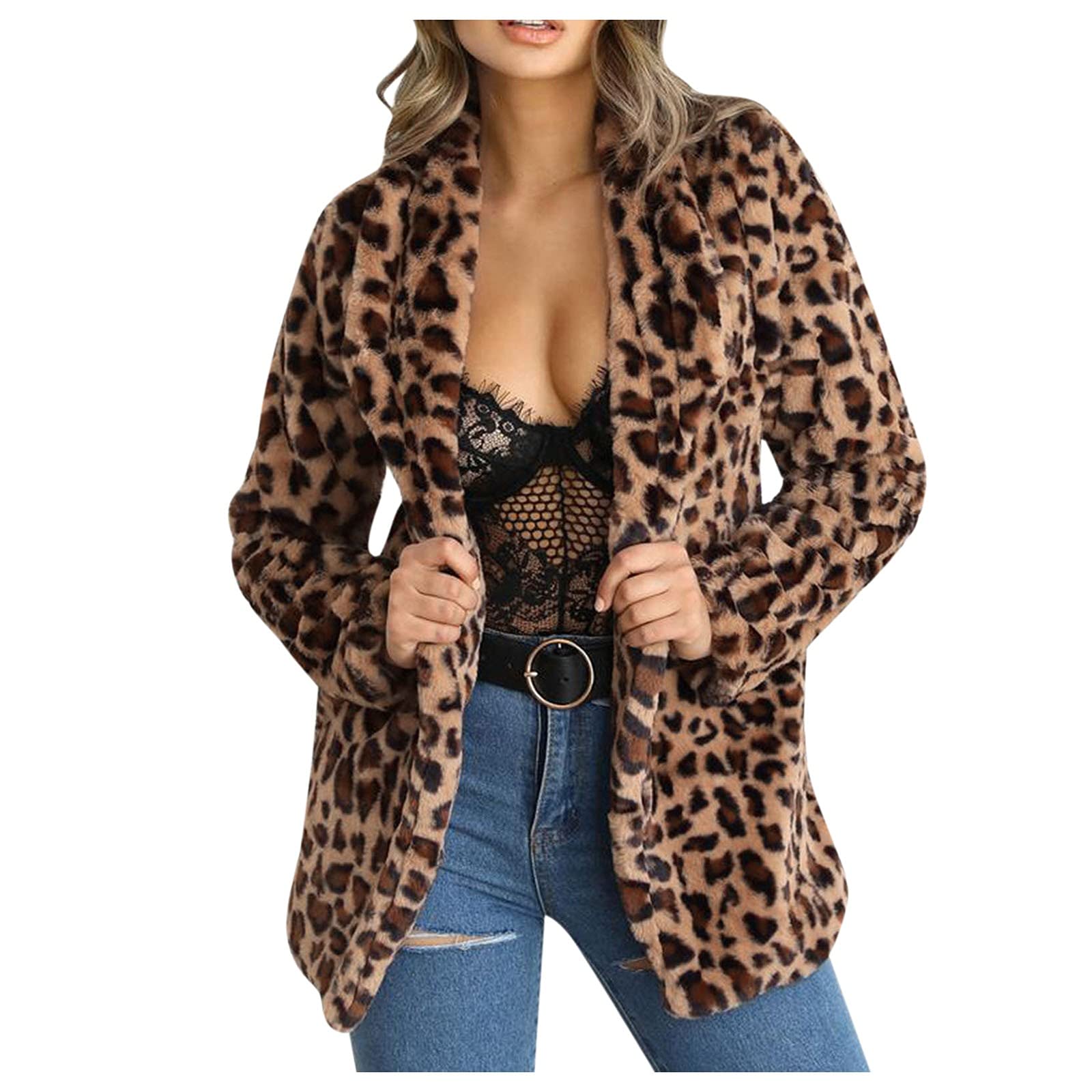Women's Faux Fur Leopard Print Coat - Warm Plush Long Sleeve Jacket with Lapel Collar | Winter Fashion Outerwear for Casual Outings & Date Nights