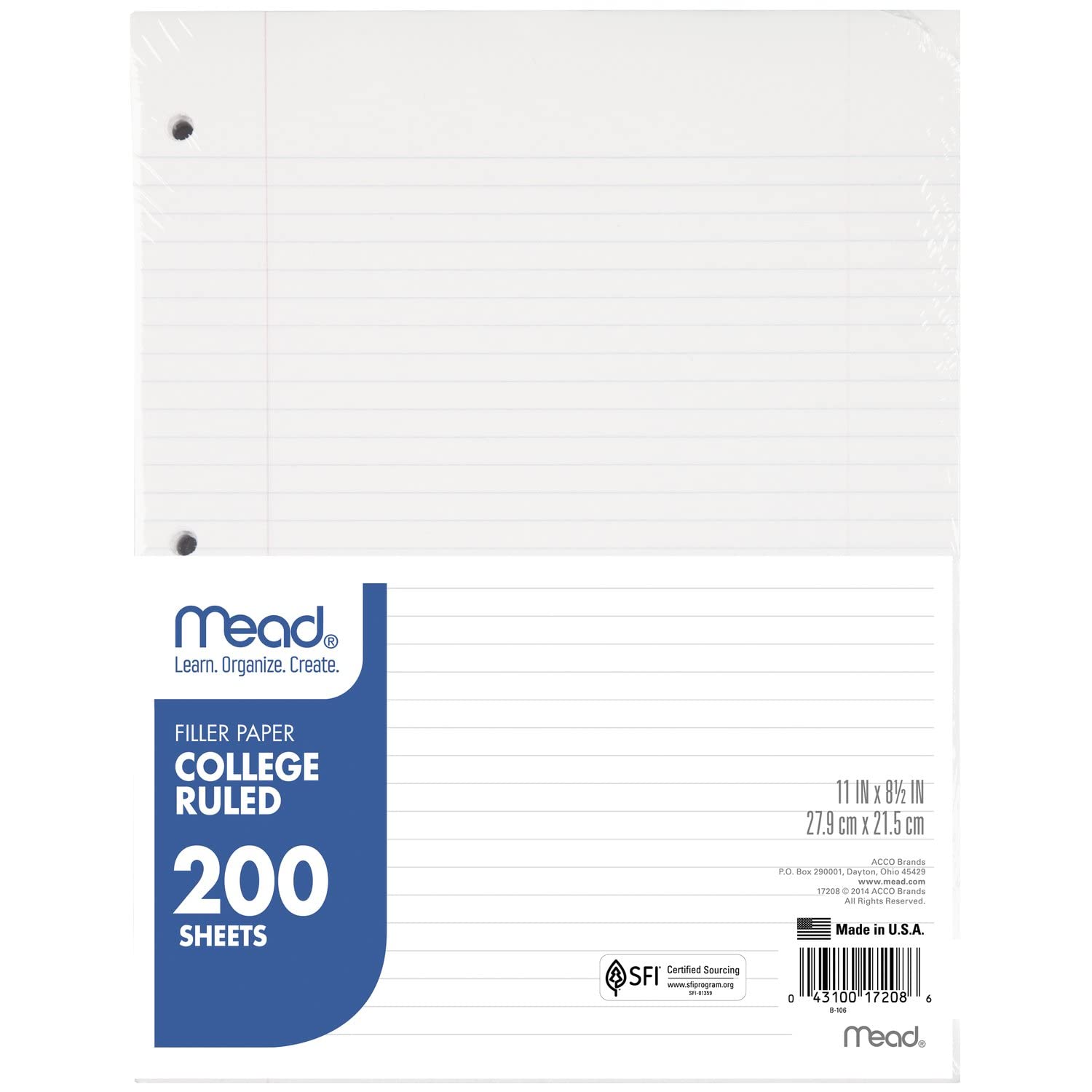 Mead Loose Leaf Paper - College Ruled Filler Paper Notebook Sheets, 8.5 x 11 Inches, 200 Sheets (17208) - Perfect for School, Office & Homework Organization