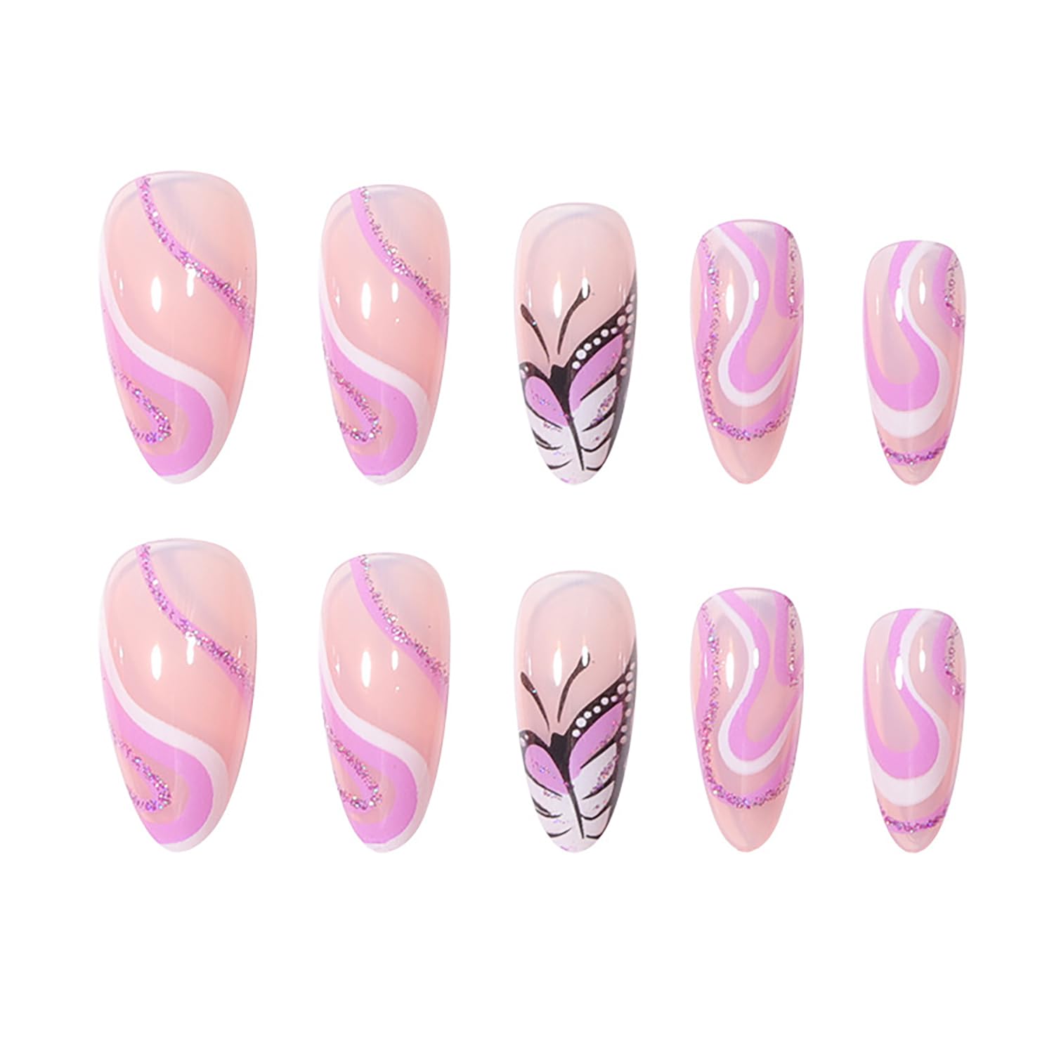 24 Pcs Medium Almond Press on Nails - Purple French Glitter Butterfly Swirl Fake Nails (12 Sizes, 1 Set) for Women, Party, Wedding & Special Occasions