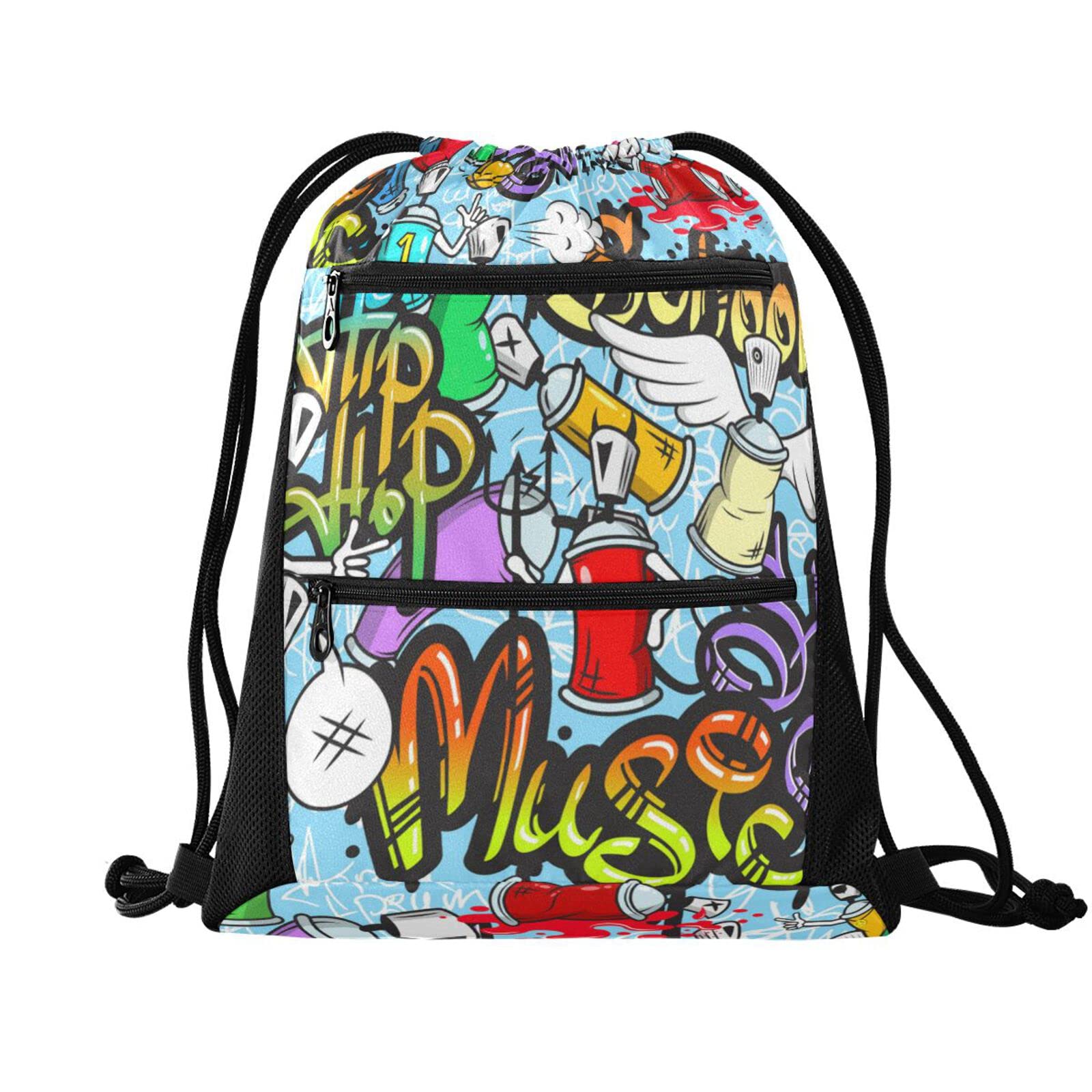 **Gym Drawstring Backpack for Men & Women - Sports Training Sack with Zipper Pocket, Graffiti Design - Perfect for Gym, Running, Travel & School**