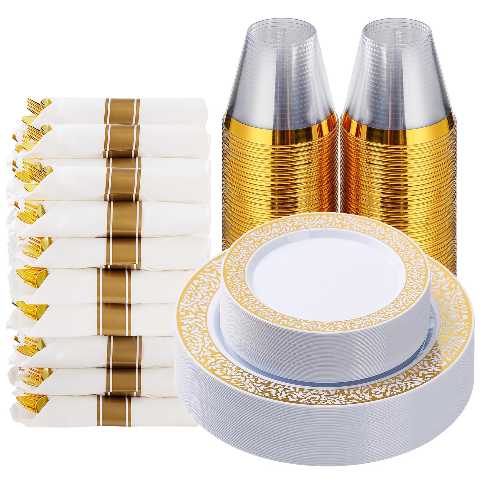 Goodluck 175-Piece Gold Plastic Dinnerware Set for 25 Guests - Disposable Elegant Lace Plates, 25 Gold Dinner Plates, 25 Dessert Plates, 25 Pre-Rolled Napkins with Silverware, 25 Cups - Perfect for Thanksgiving, Christmas, Weddings & Party Events
