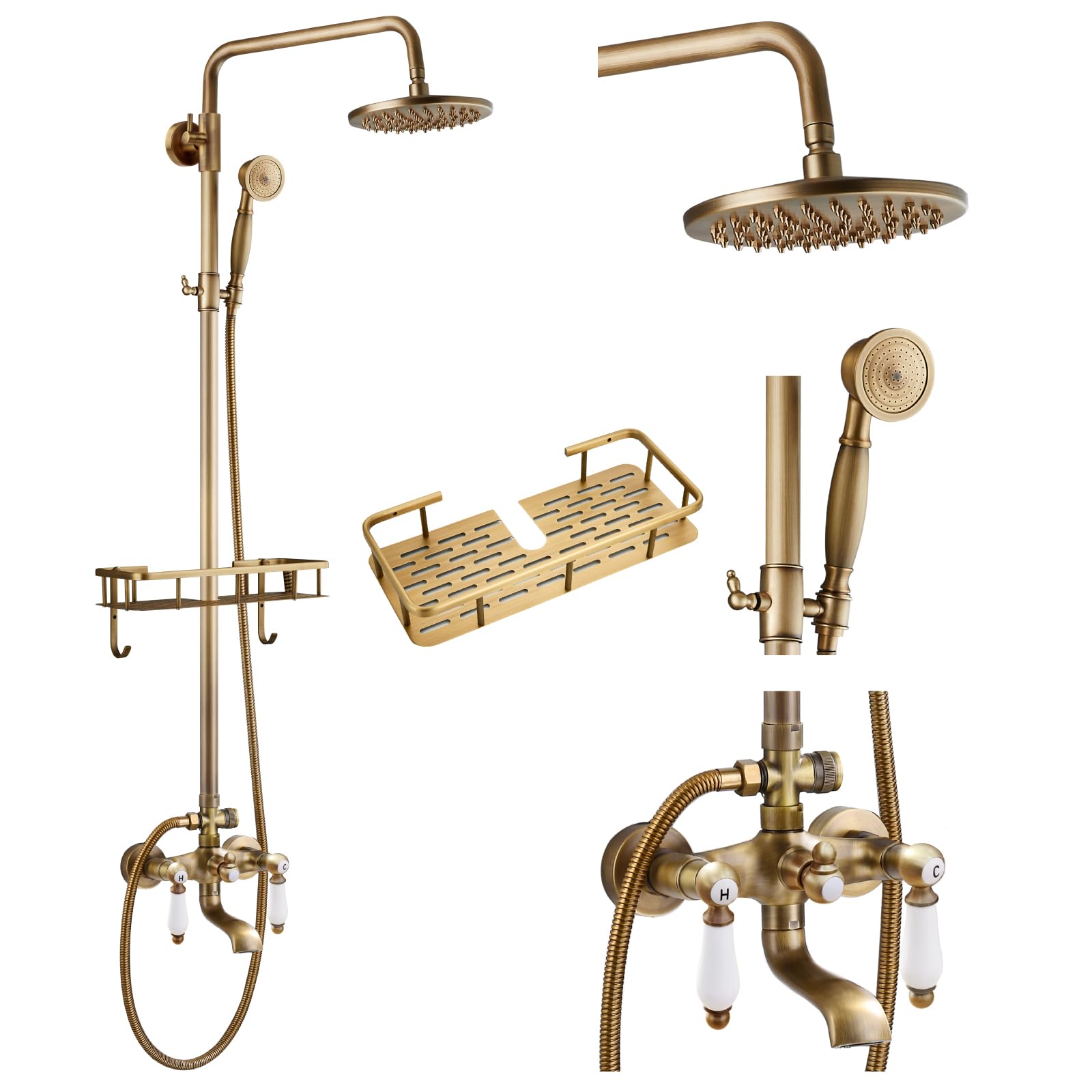 Gotonovo 8 Inch Rainfall Shower System - Antique Brass Wall Mounted Tub Shower Faucet Set with Handheld Sprayer, Shower Shelf & Tub Spout | Modern Bathroom Upgrade for Spa-Like Experience
