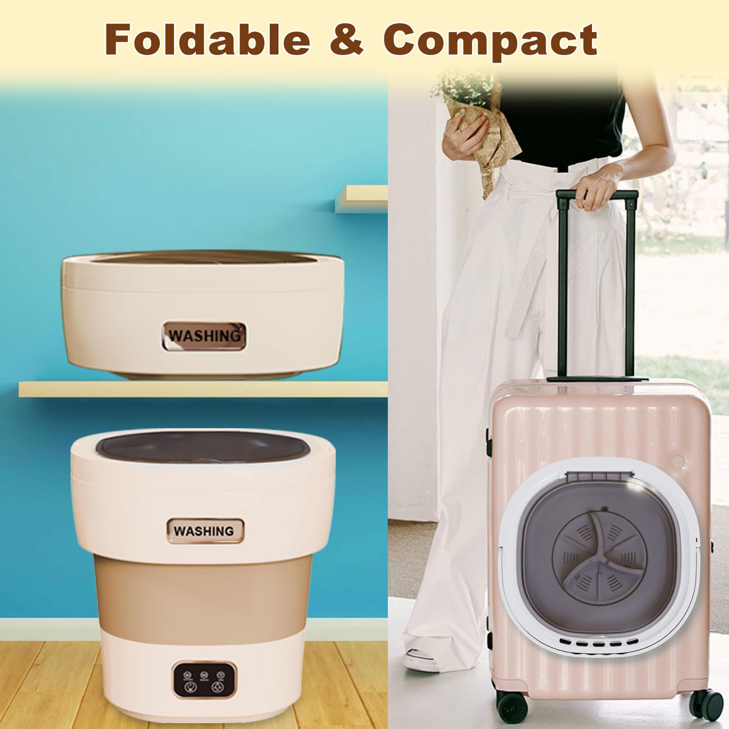 Portable Washing Machine 18L Large Capacity - Mini Collapsible Washer with Spin Dryer, Small Folding Laundry Washer for Travel, Apartment, RV, Dorm & Camping - Perfect for Socks, Baby Clothes & Underwear (Brown) | Compact Laundry Solution for Small Spaces & On-the-Go Use